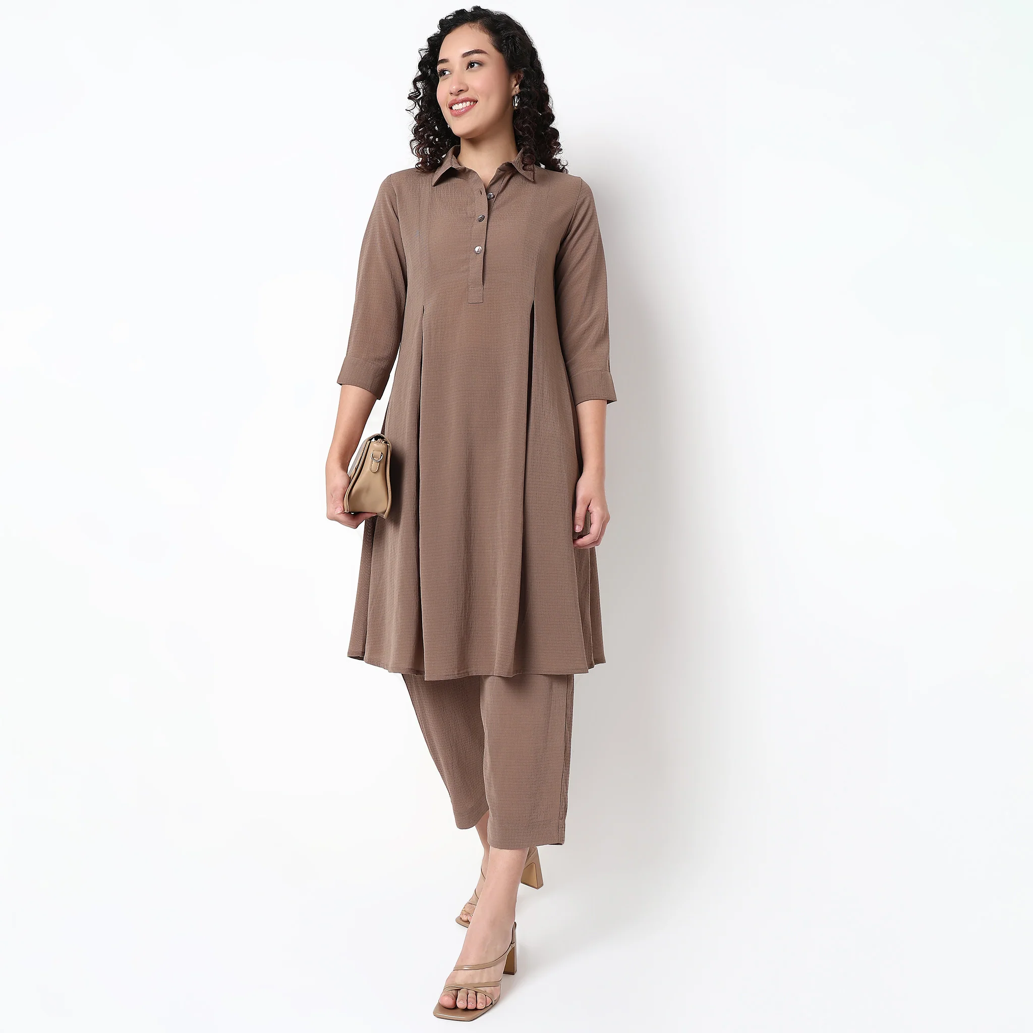 Flare Fit Box Inwared Pleat A-Line Kurta With Pant Set - Image 15
