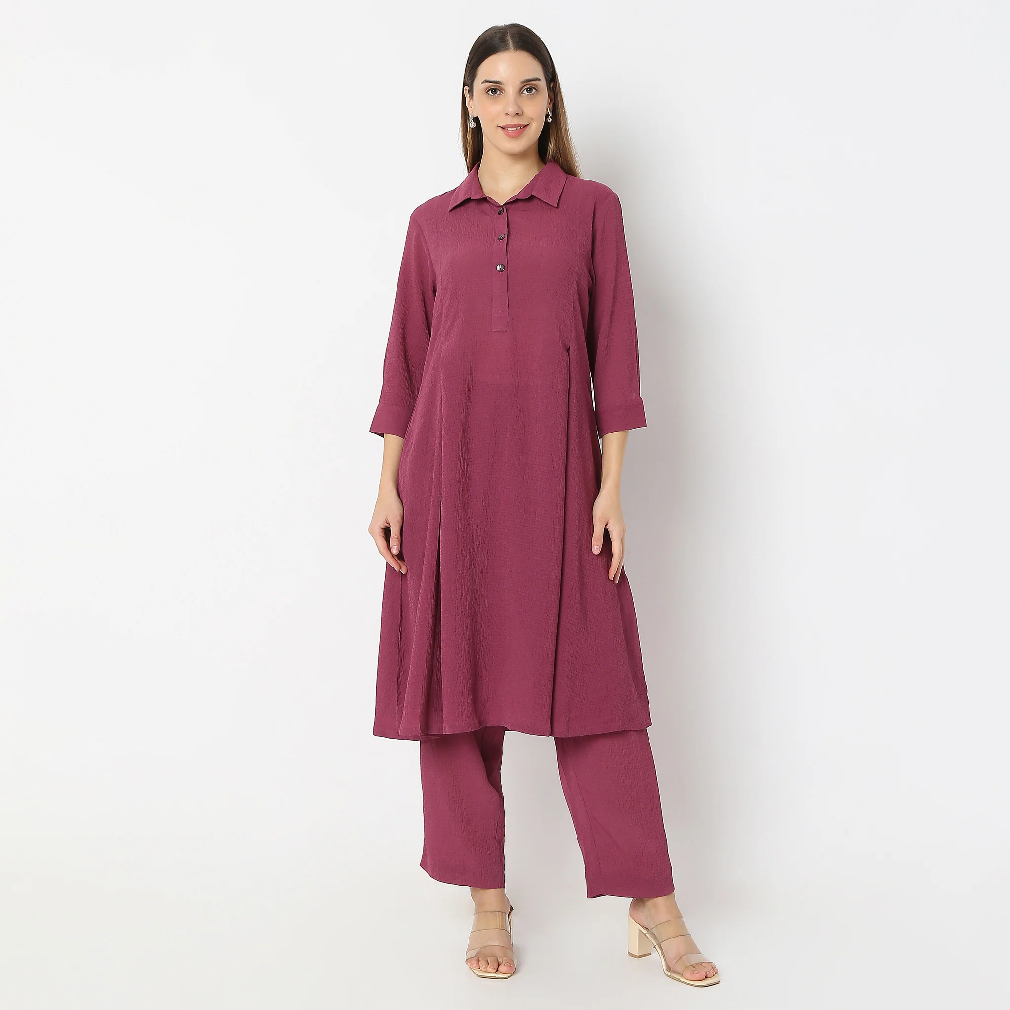 Flare Fit Box Inwared Pleat A-Line Kurta With Pant Set - Image 2