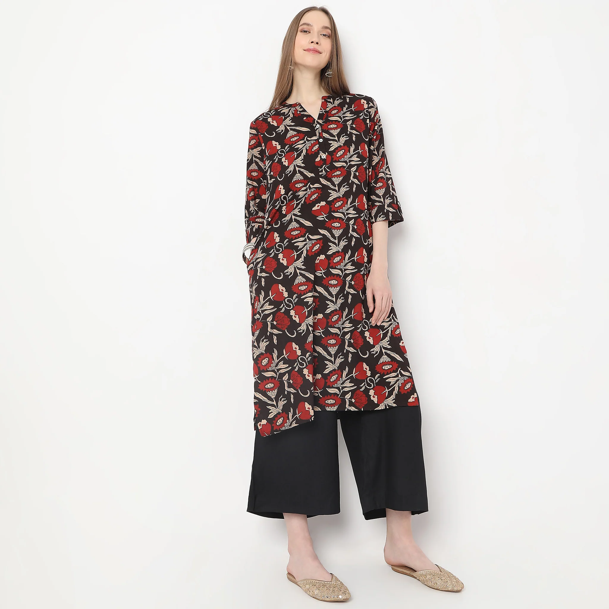 Flare Fit Calf Length High Rise Pants