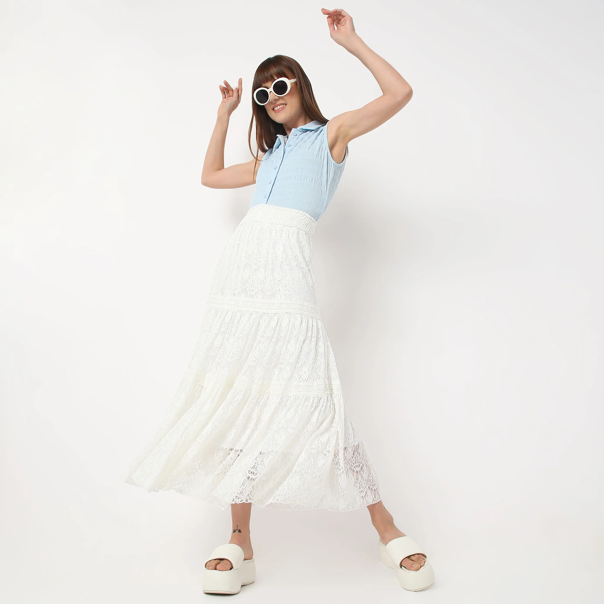 Flare Fit Calf Length High Rise Tiered Long Skirt Made With Comfortable Fabric