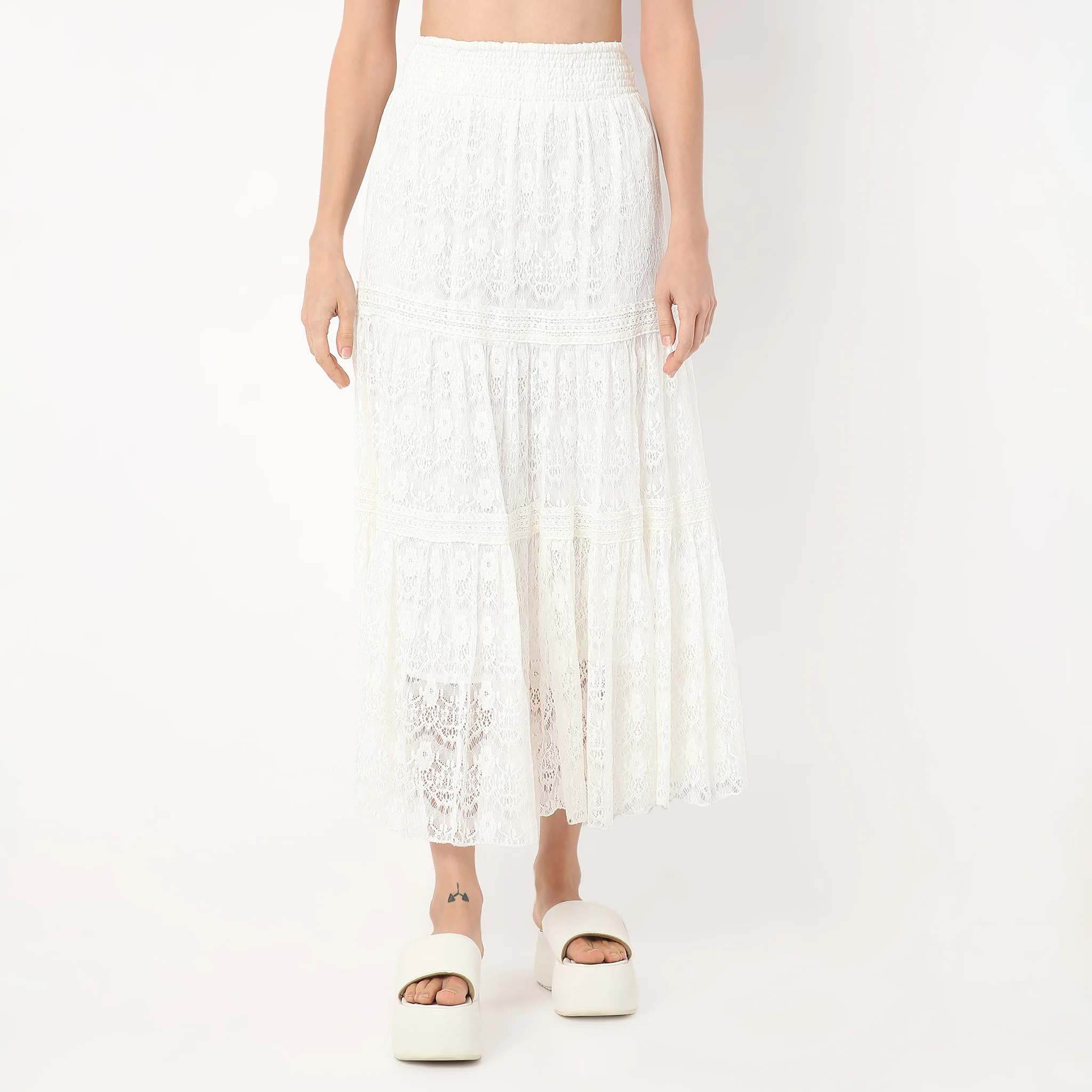 Flare Fit Calf Length High Rise Tiered Long Skirt Made With Comfortable Fabric - Image 2