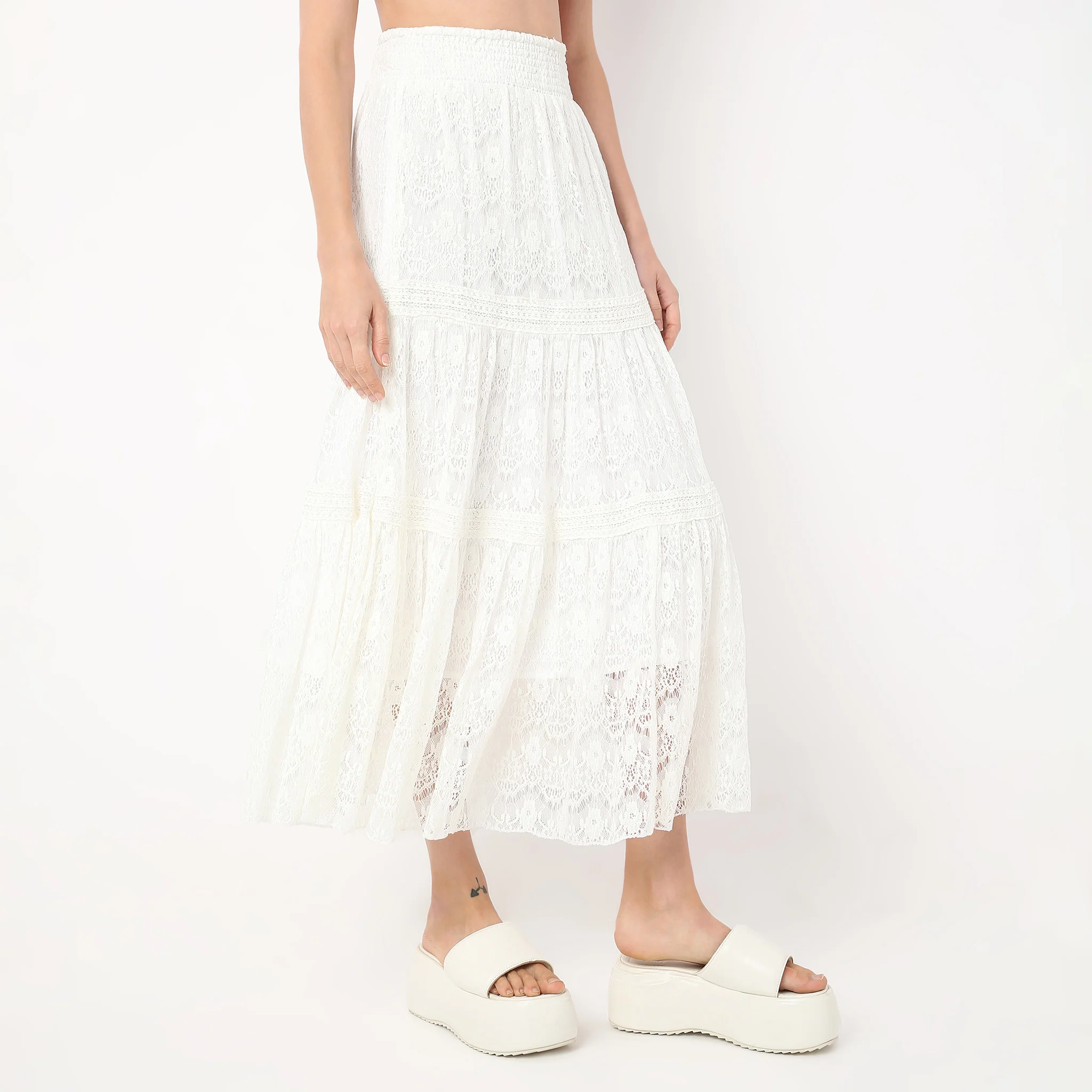 Flare Fit Calf Length High Rise Tiered Long Skirt Made With Comfortable Fabric - Image 5