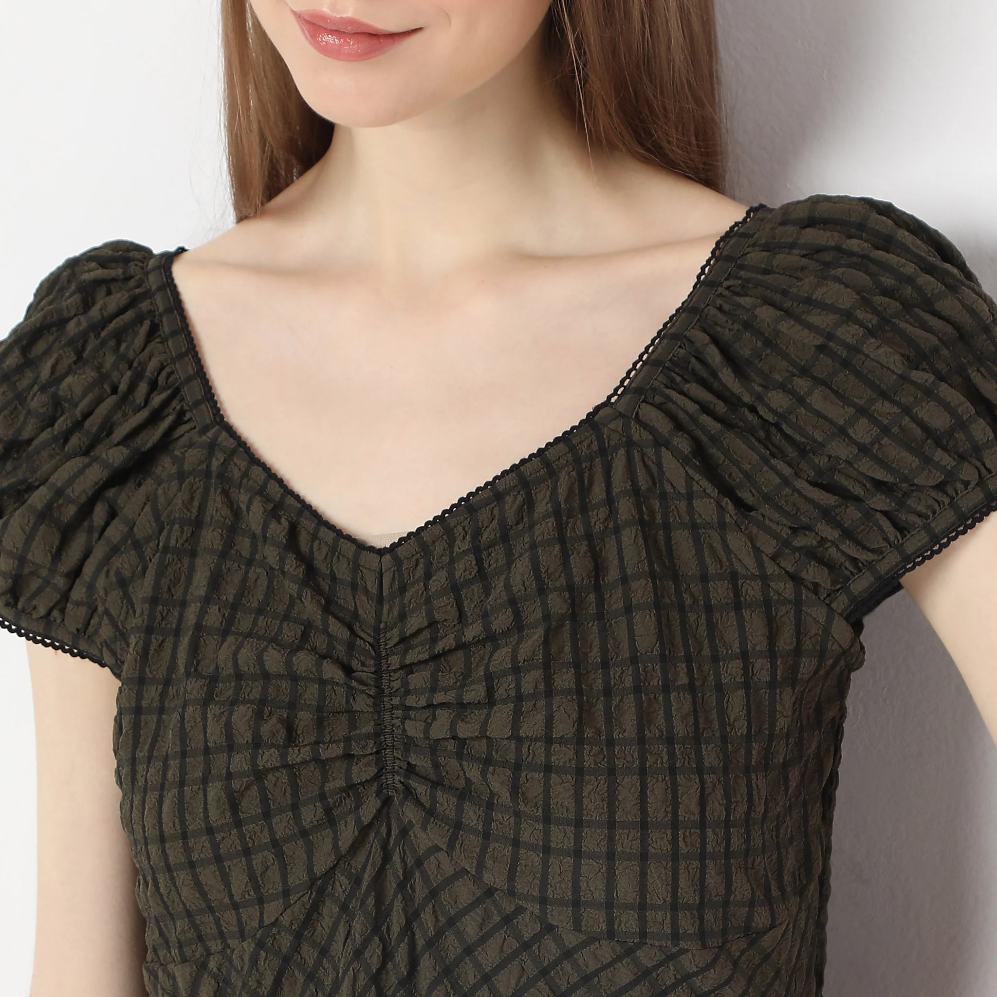 Flare Fit Checkered Knee Length Puff Sleeve Dress - Image 4
