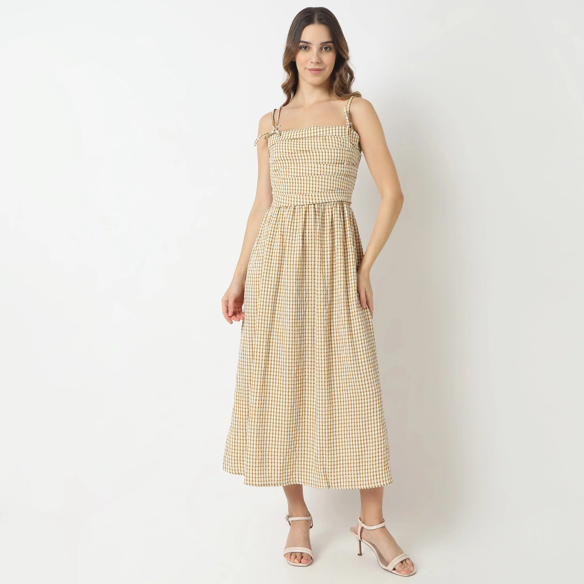 Flare Fit Checkered Sleeveless Square Neck Calf Length Betty Dress - Image 2