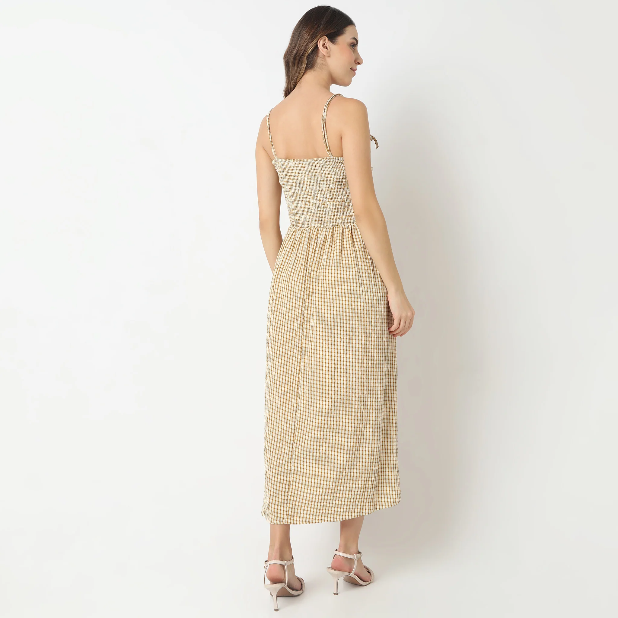 Flare Fit Checkered Sleeveless Square Neck Calf Length Betty Dress - Image 3