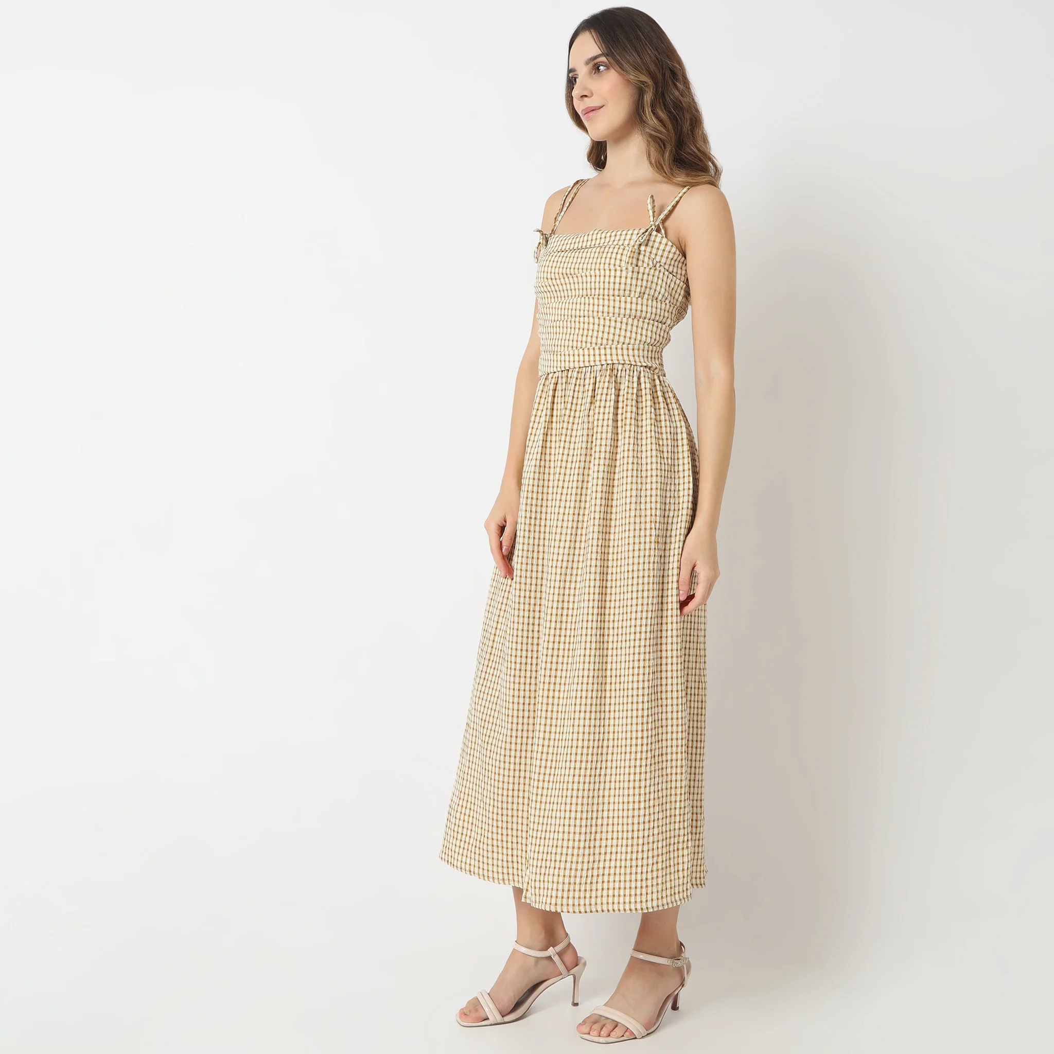 Flare Fit Checkered Sleeveless Square Neck Calf Length Betty Dress - Image 4