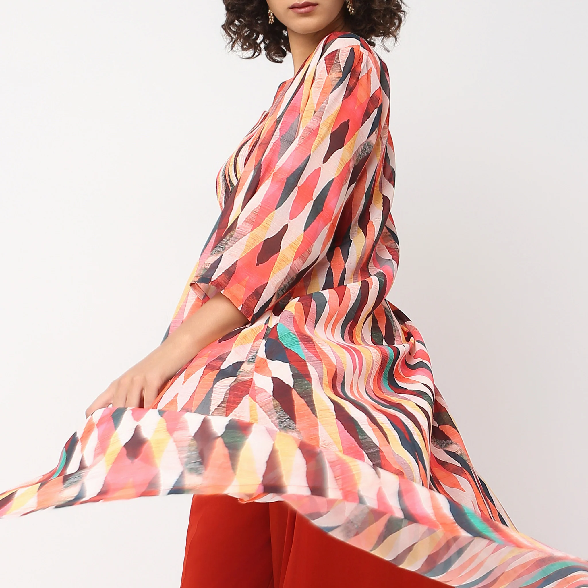 Flare Fit Embellished Crop Top And Palazzo Shrug Set - Image 4