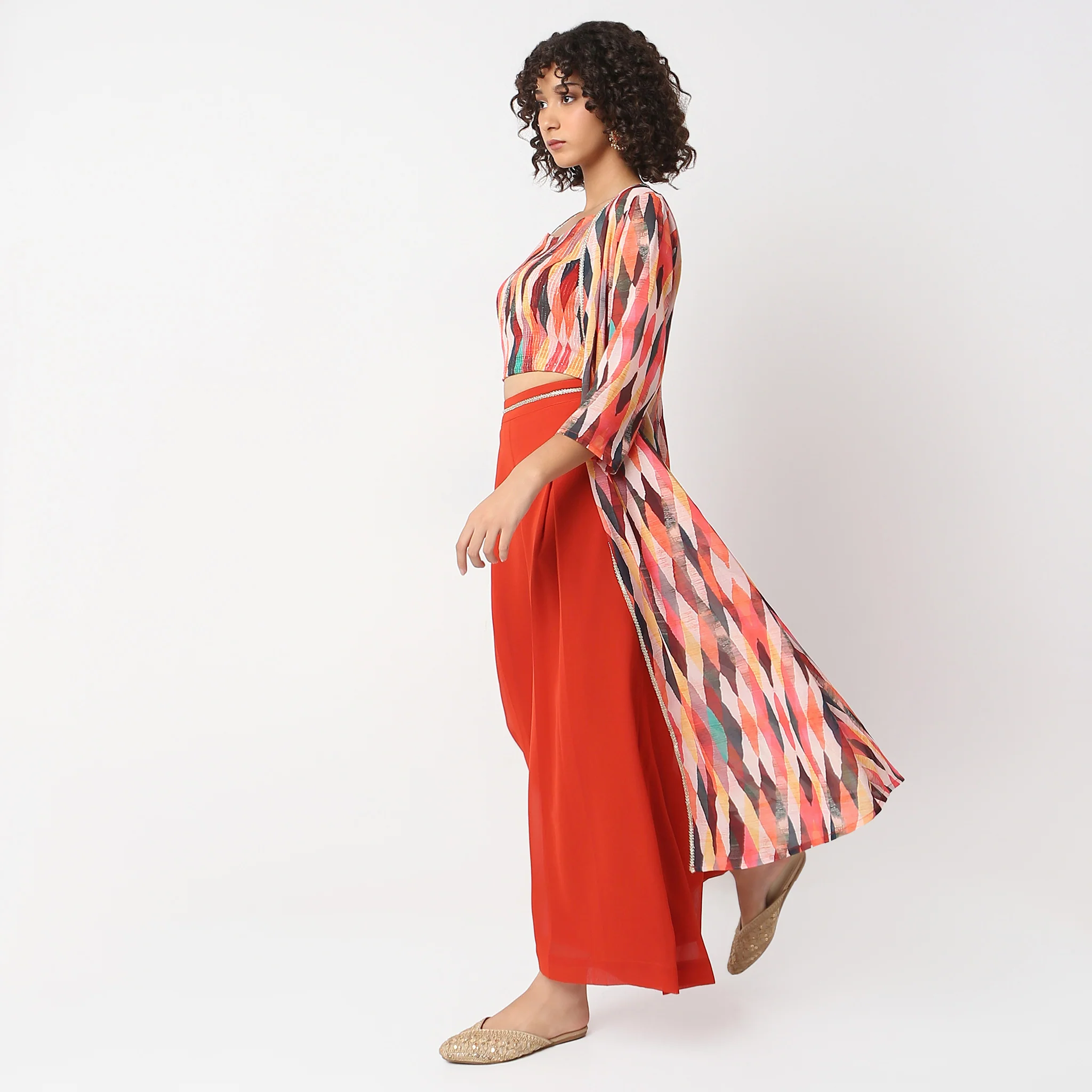 Flare Fit Embellished Crop Top And Palazzo Shrug Set - Image 5