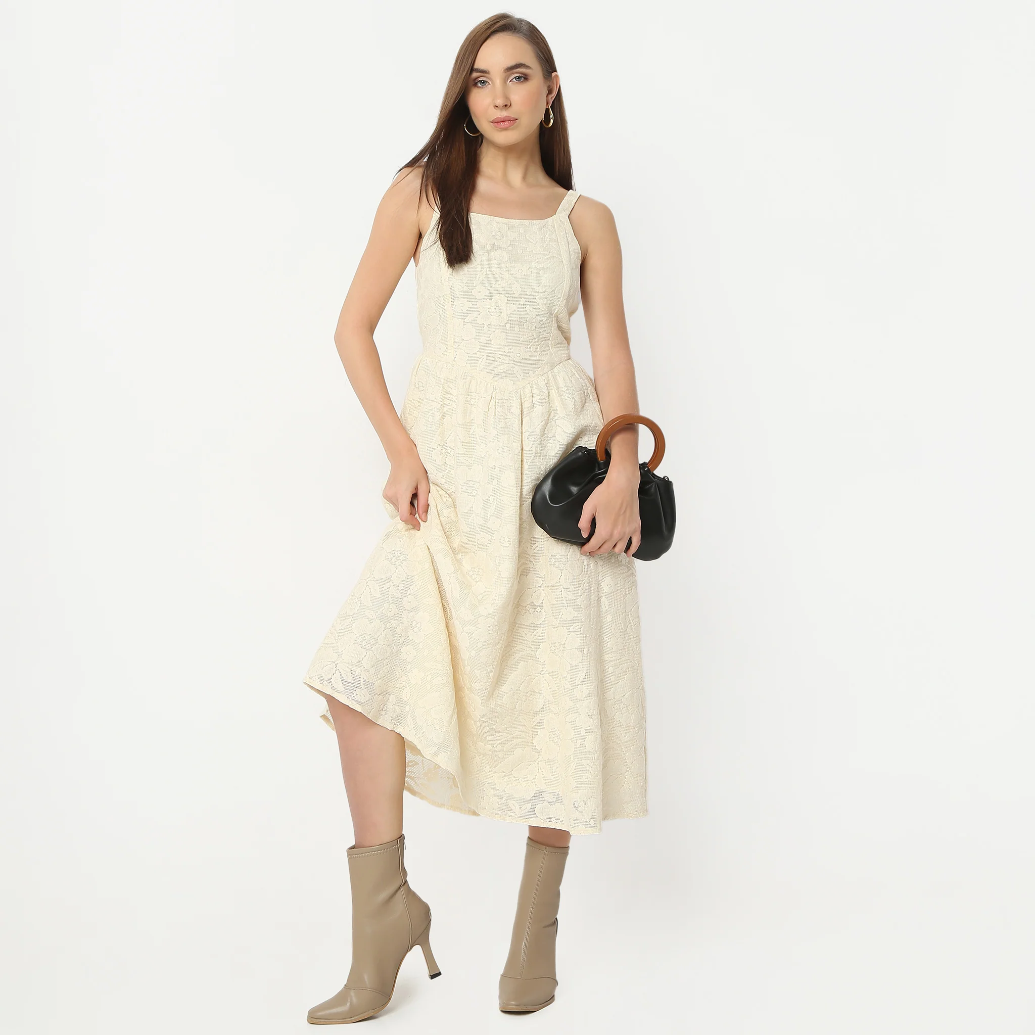 Flare Fit Embellished Below Knee Square Neck Sleeveless Dress