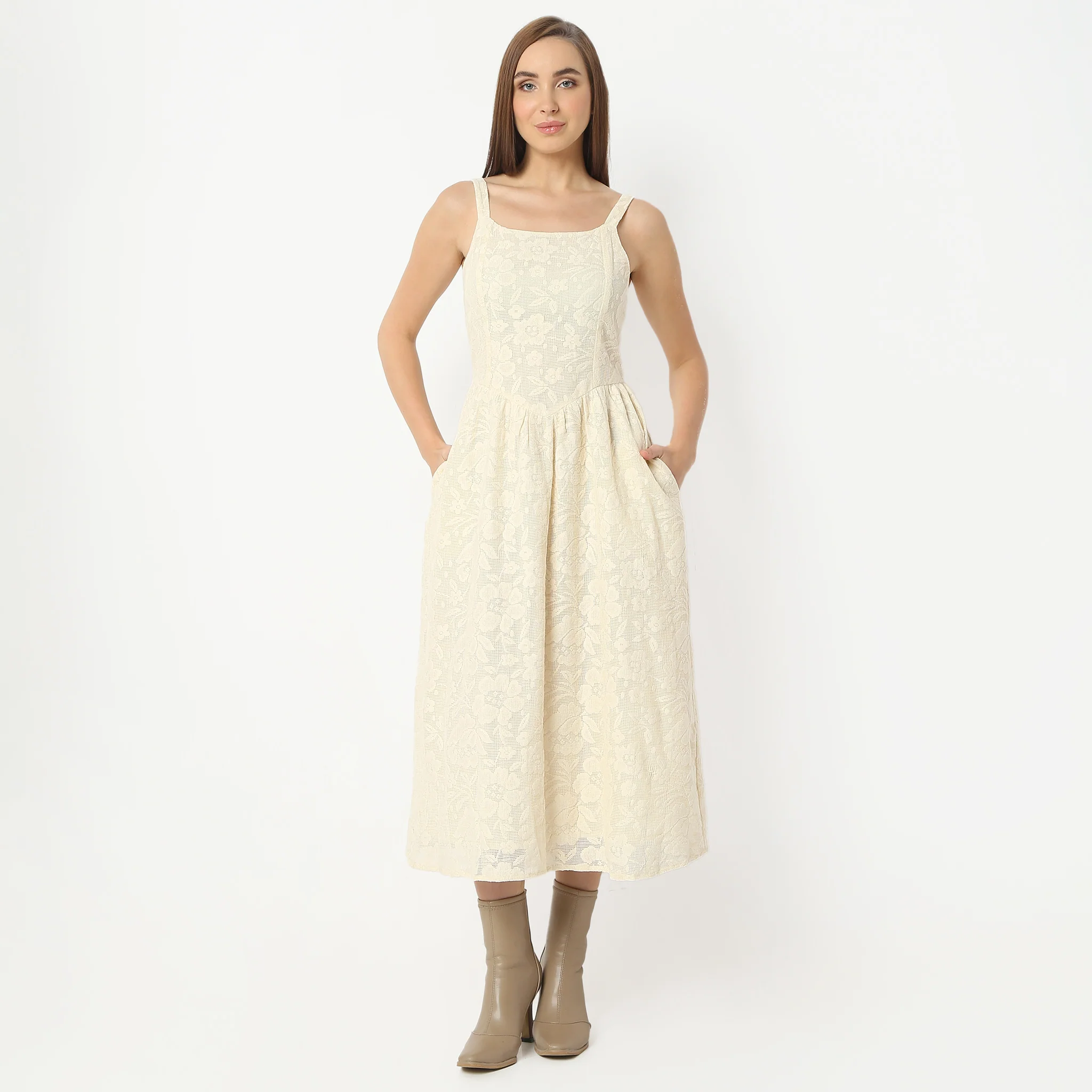 Flare Fit Embellished Below Knee Square Neck Sleeveless Dress - Image 2