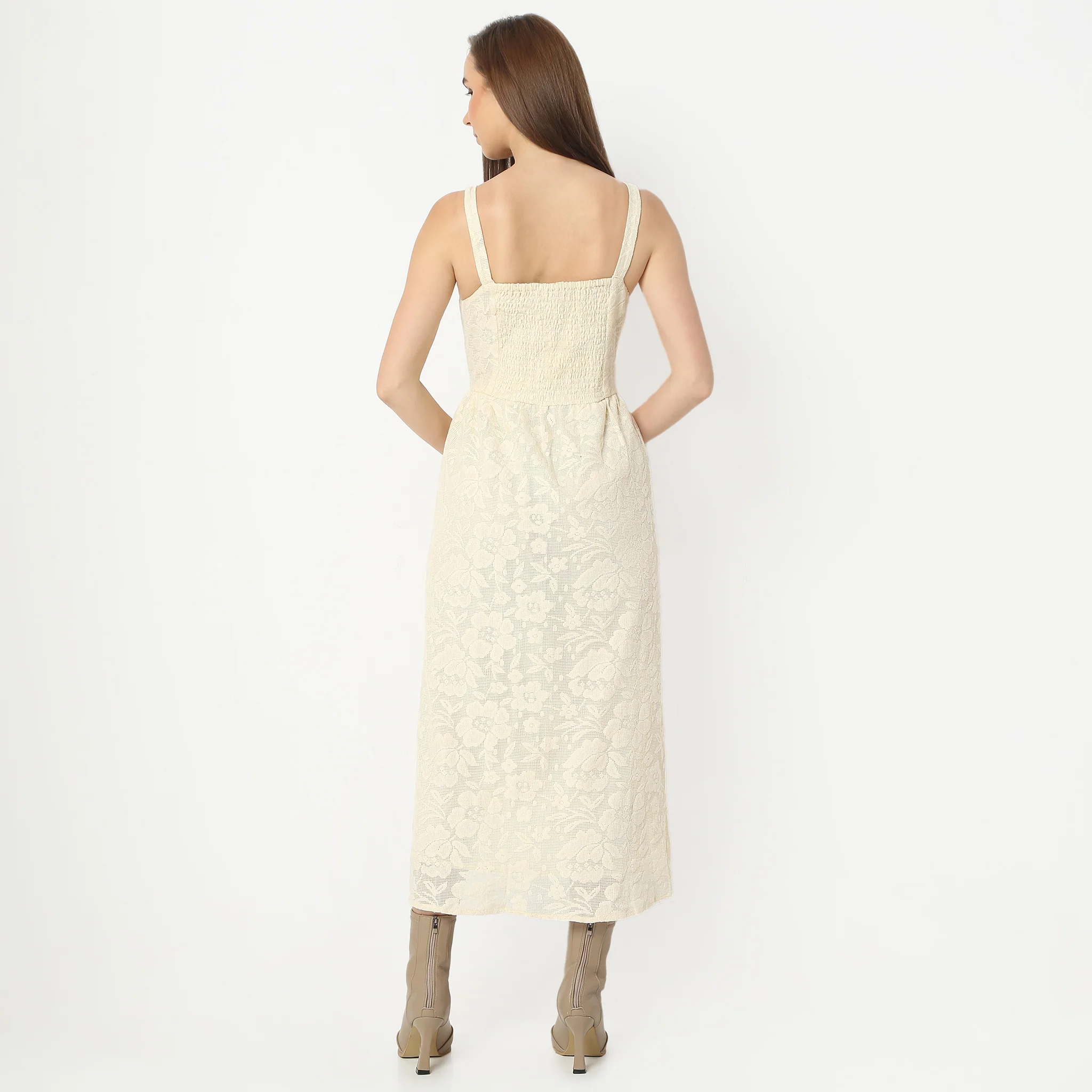 Flare Fit Embellished Below Knee Square Neck Sleeveless Dress - Image 3