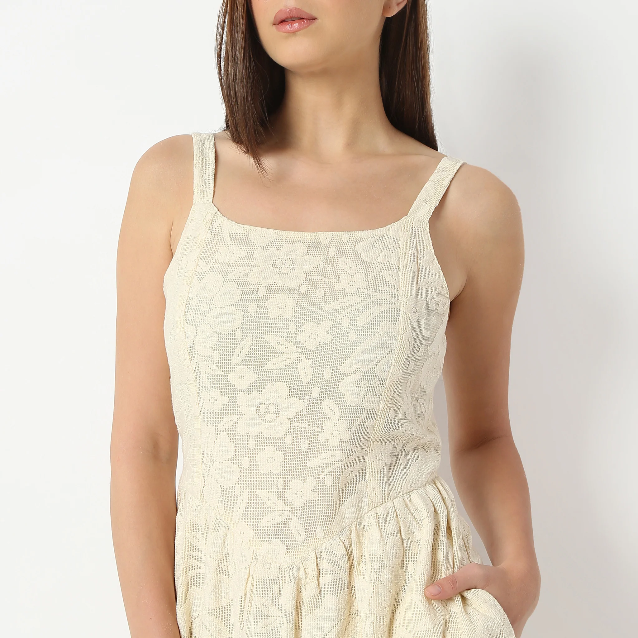 Flare Fit Embellished Below Knee Square Neck Sleeveless Dress - Image 4