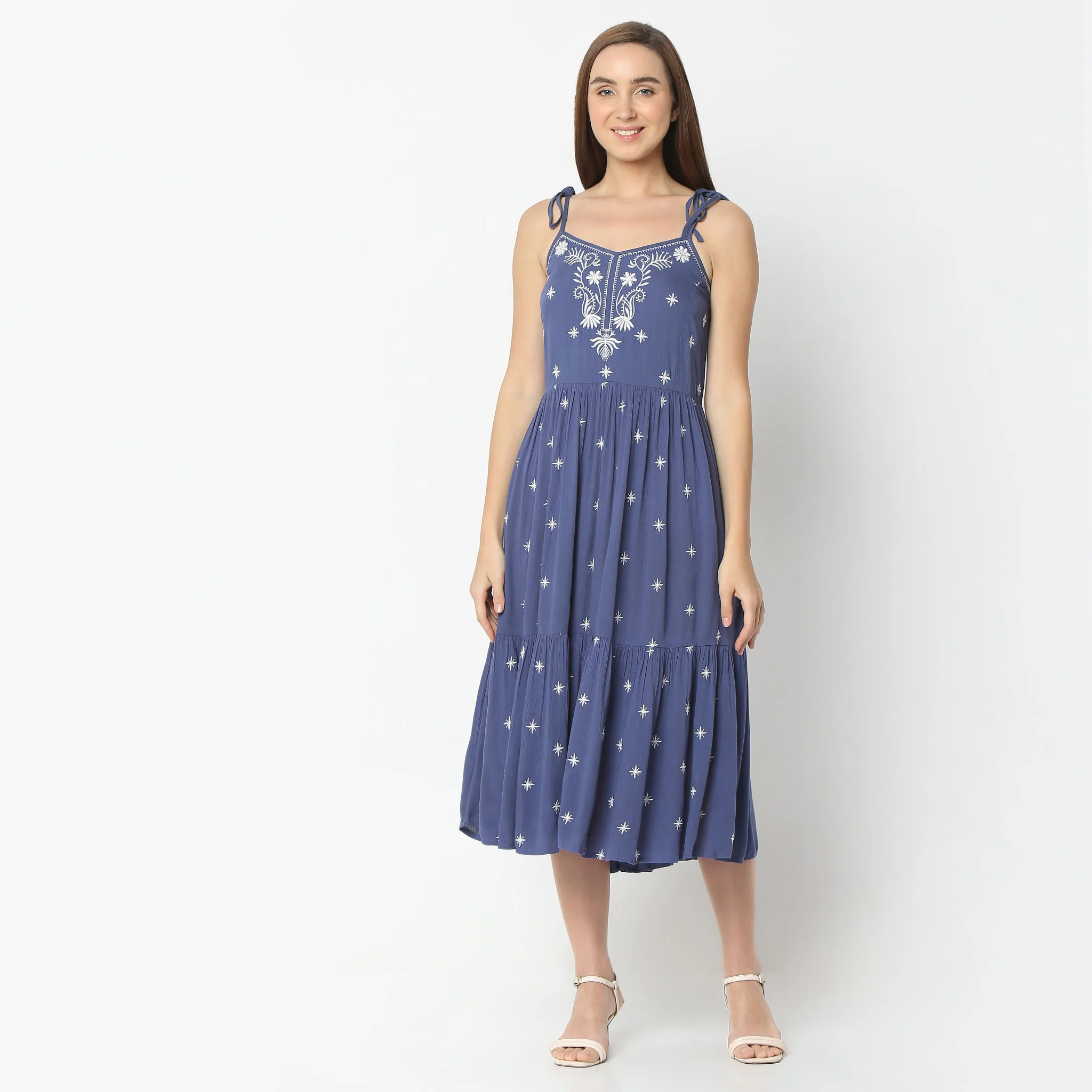 Flare Fit Embroiderd Below Knee V-Neck Spaghetti Dress - Image 2