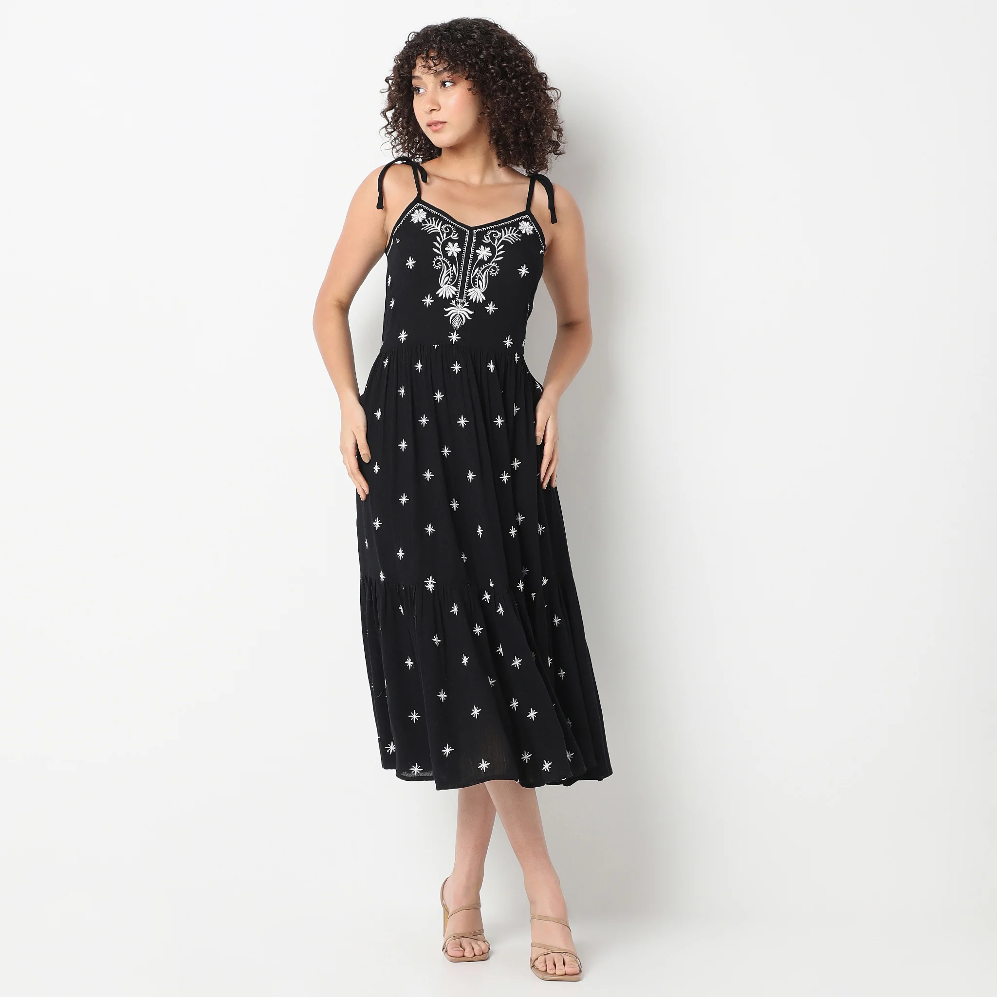 Flare Fit Embroiderd Below Knee V-Neck Spaghetti Dress - Image 7