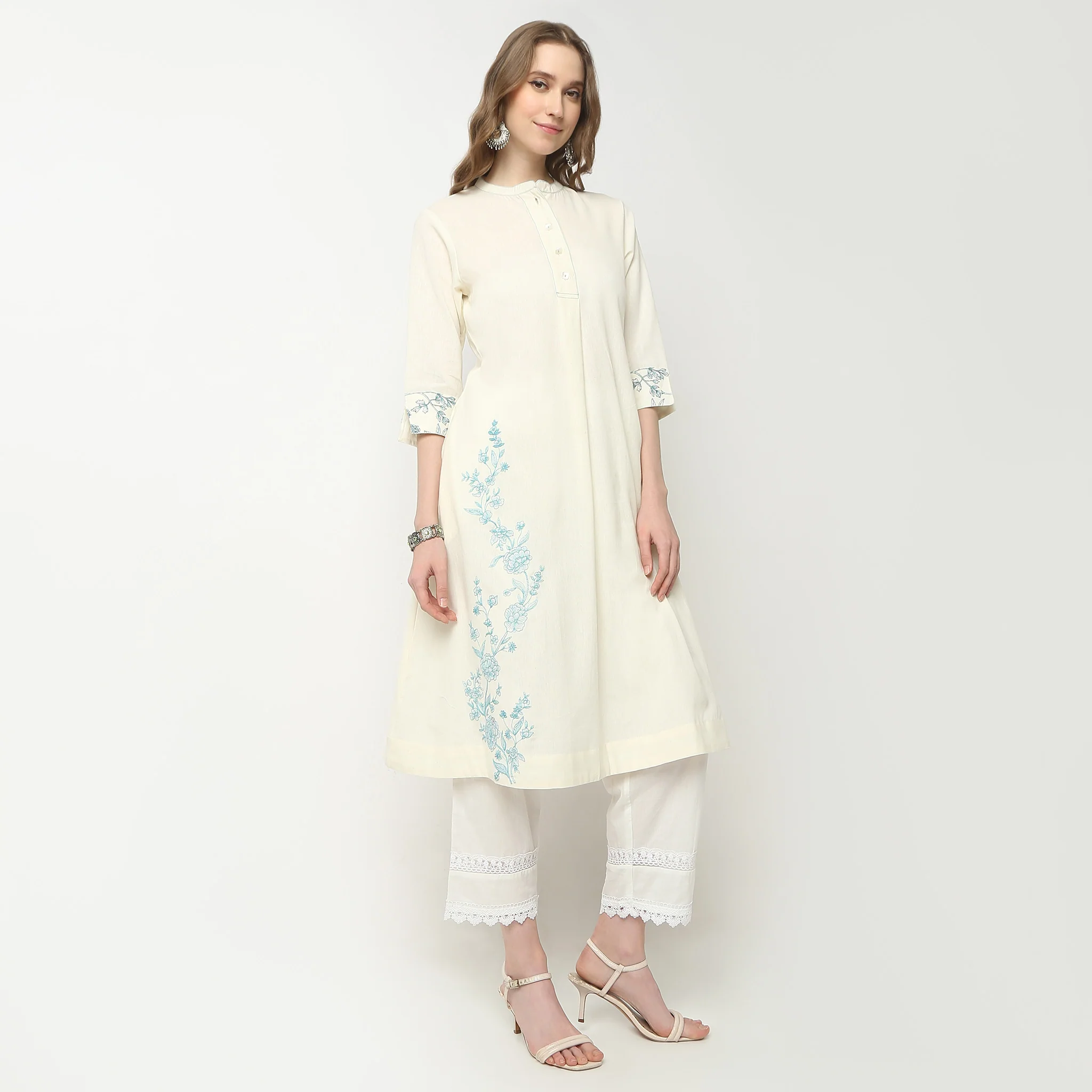 Flare Fit Embroidered Band Collar Half Placket Below Knee Kurta