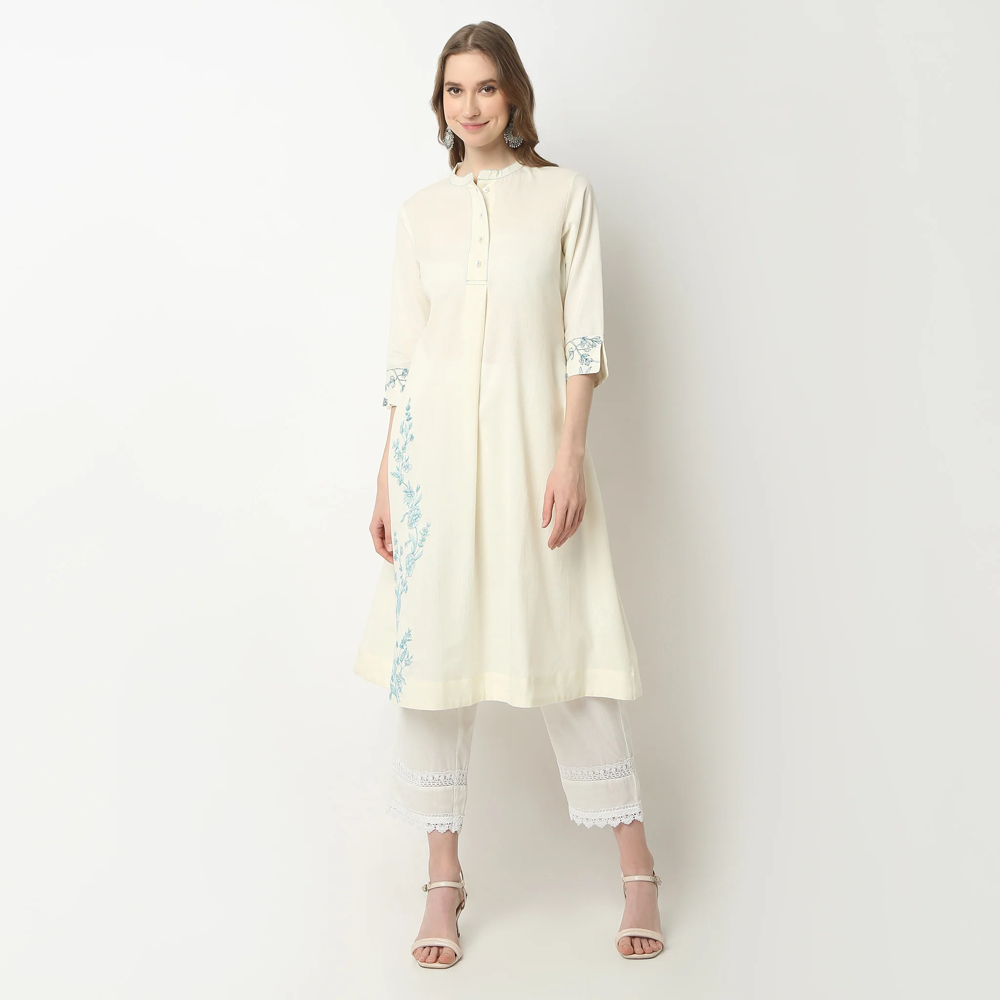 Flare Fit Embroidered Band Collar Half Placket Below Knee Kurta - Image 2