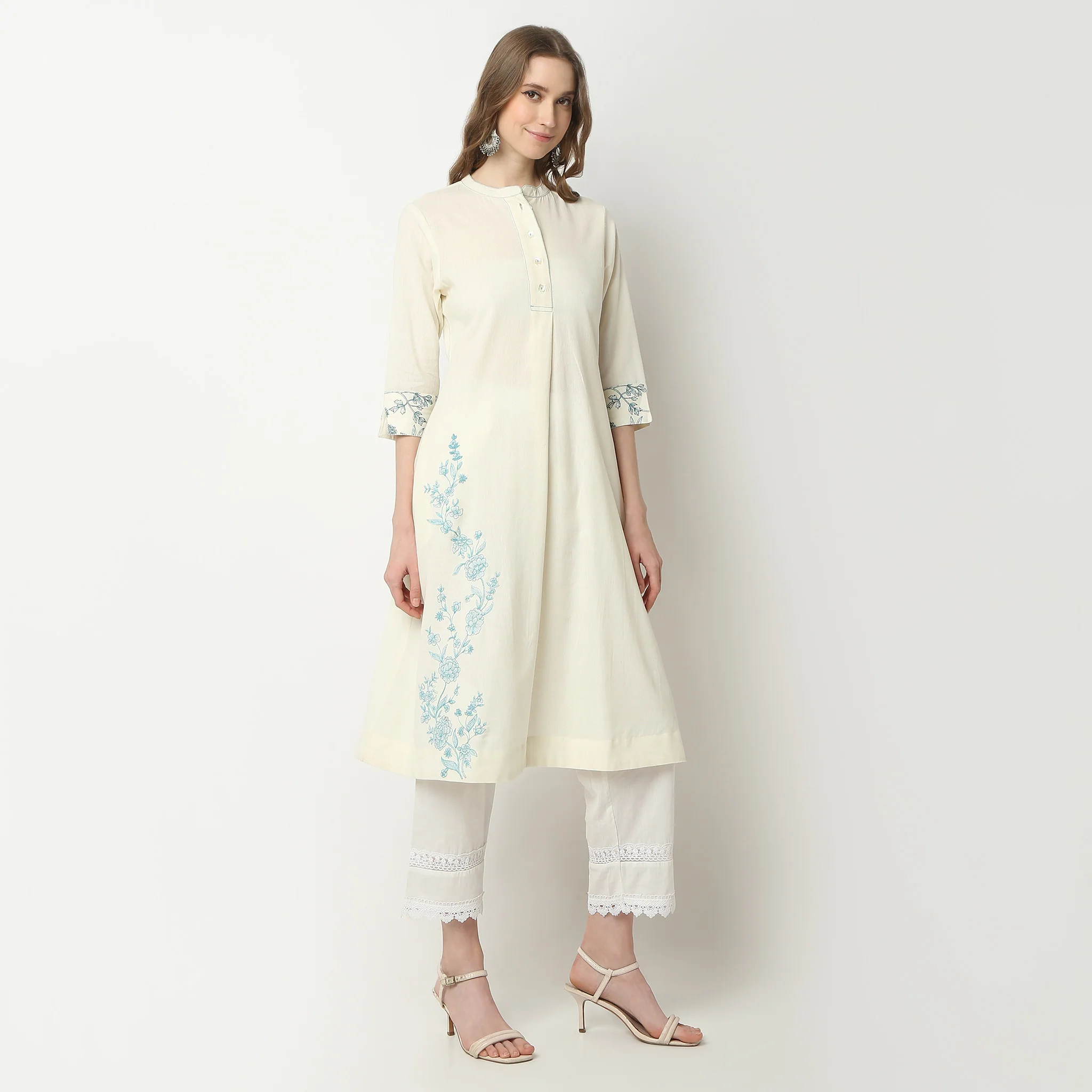 Flare Fit Embroidered Band Collar Half Placket Below Knee Kurta - Image 4