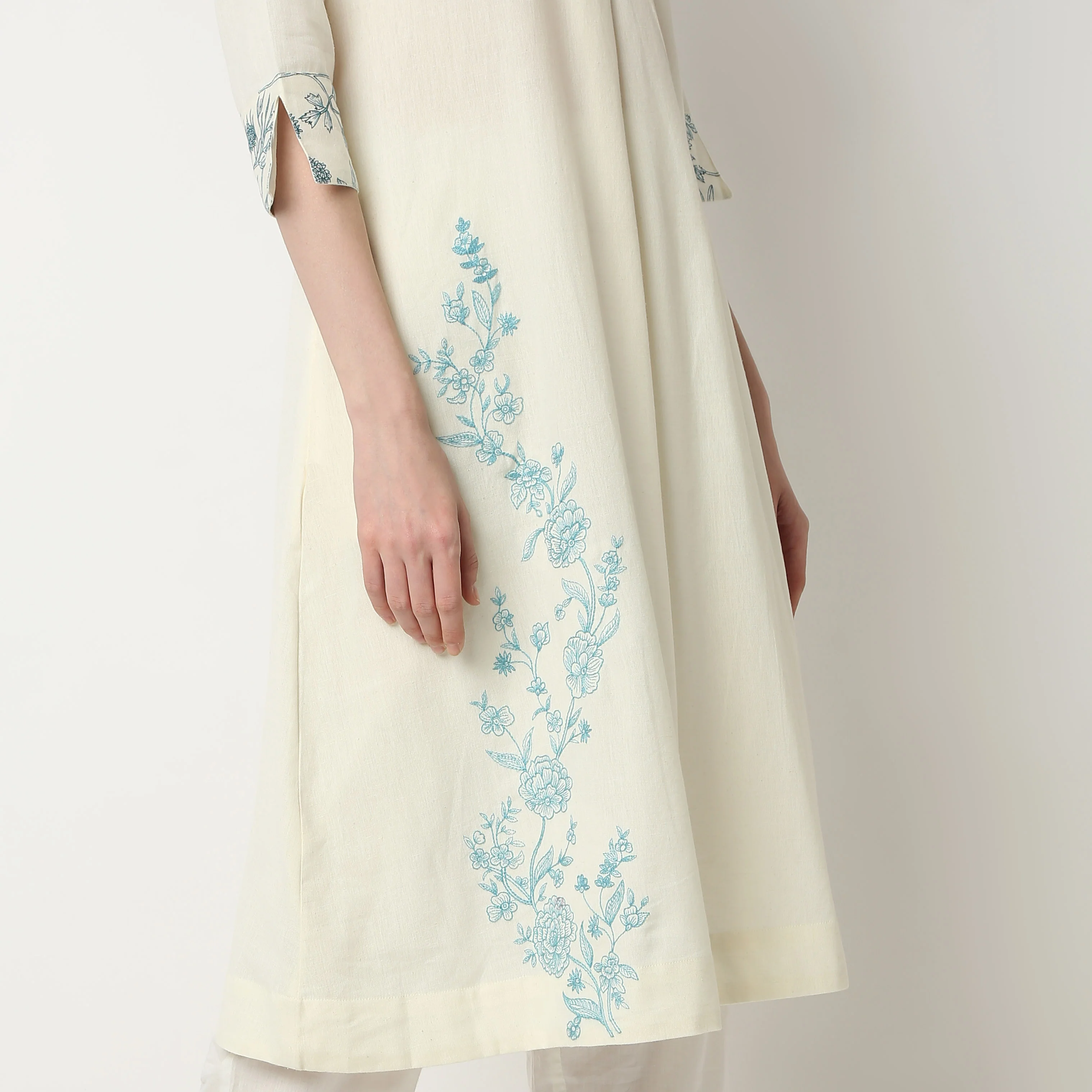 Flare Fit Embroidered Band Collar Half Placket Below Knee Kurta - Image 5