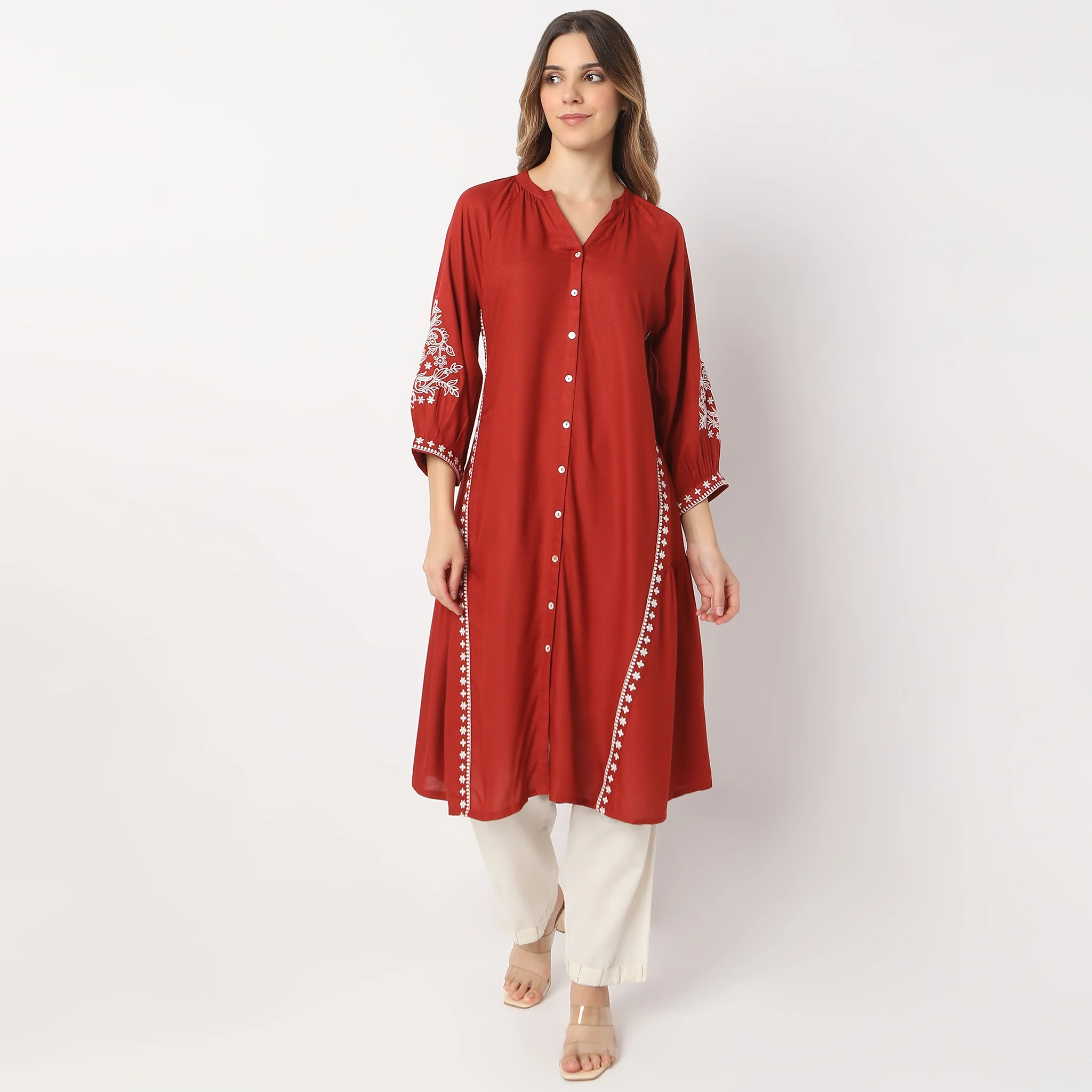 Flare Fit Embroidered Knee Length Band Collar Kurta - Image 2