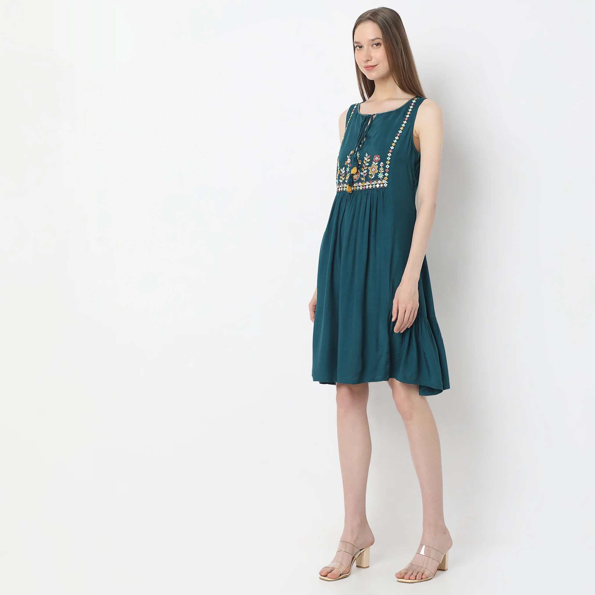 Flare Fit Embroidered Knee Length Sleeveless Dress - Image 5
