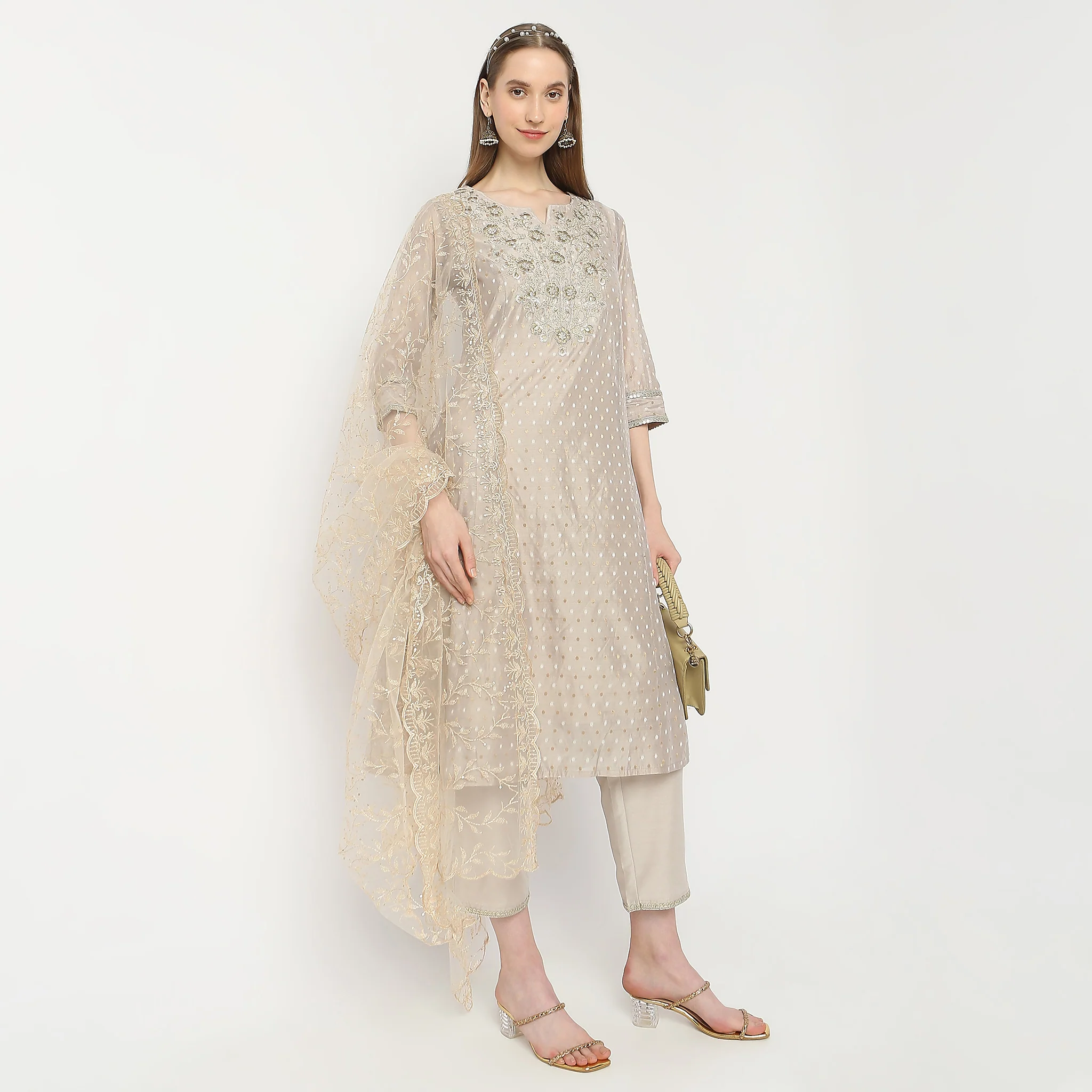 Flare Fit Embroidered Kurta And Pant With Dupatta Set