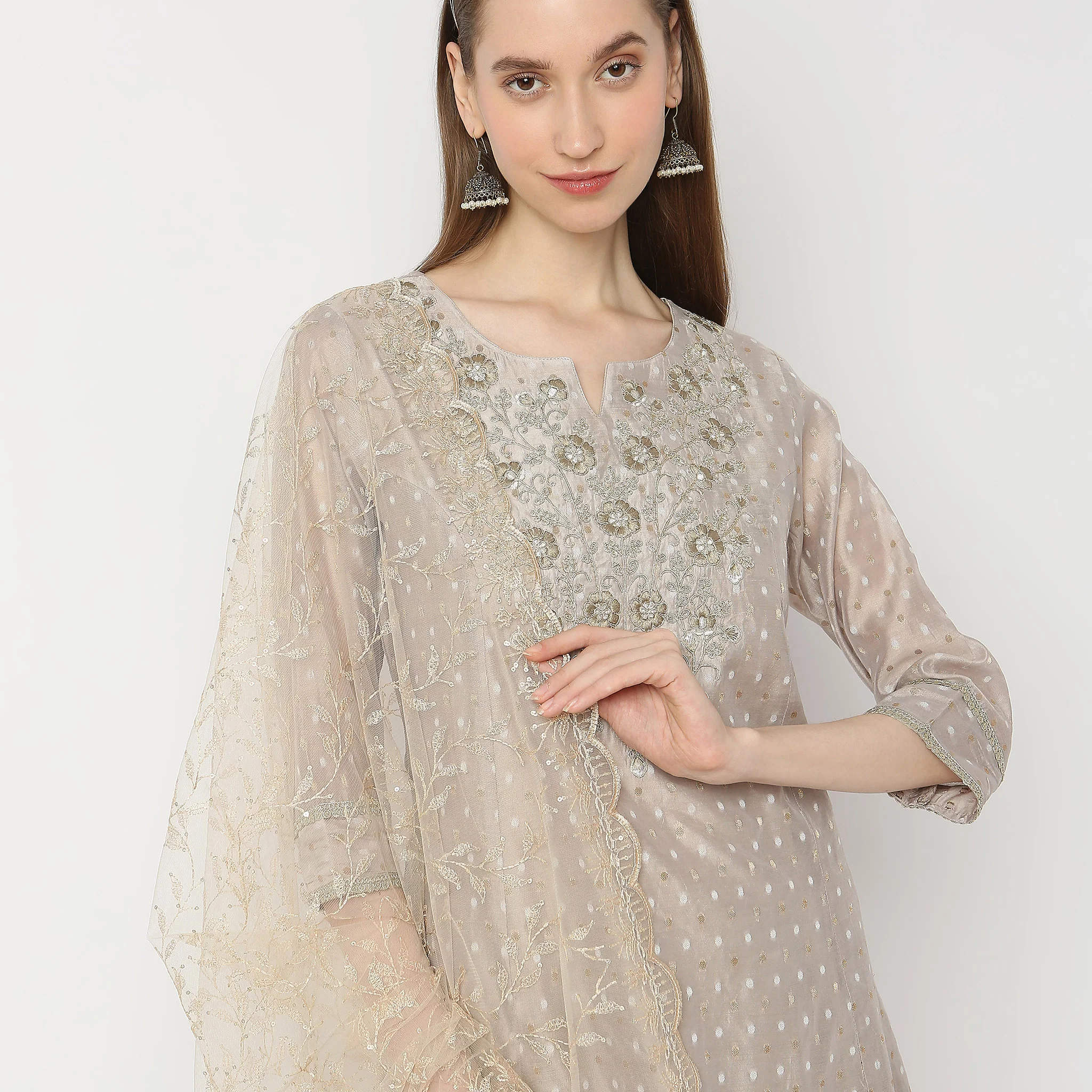 Flare Fit Embroidered Kurta And Pant With Dupatta Set - Image 4