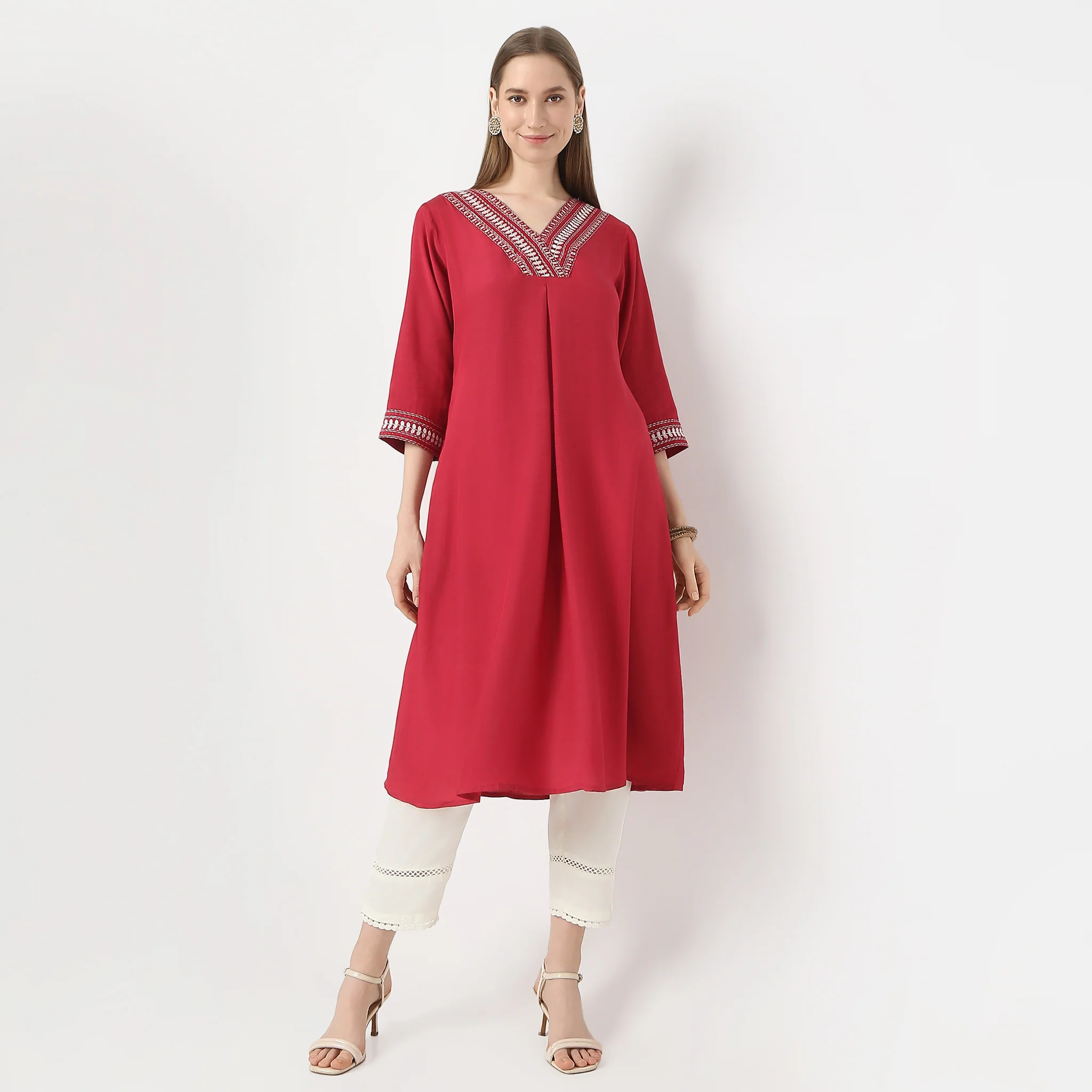 Flare Fit Embroidered Below Knee V-Neck Kurta