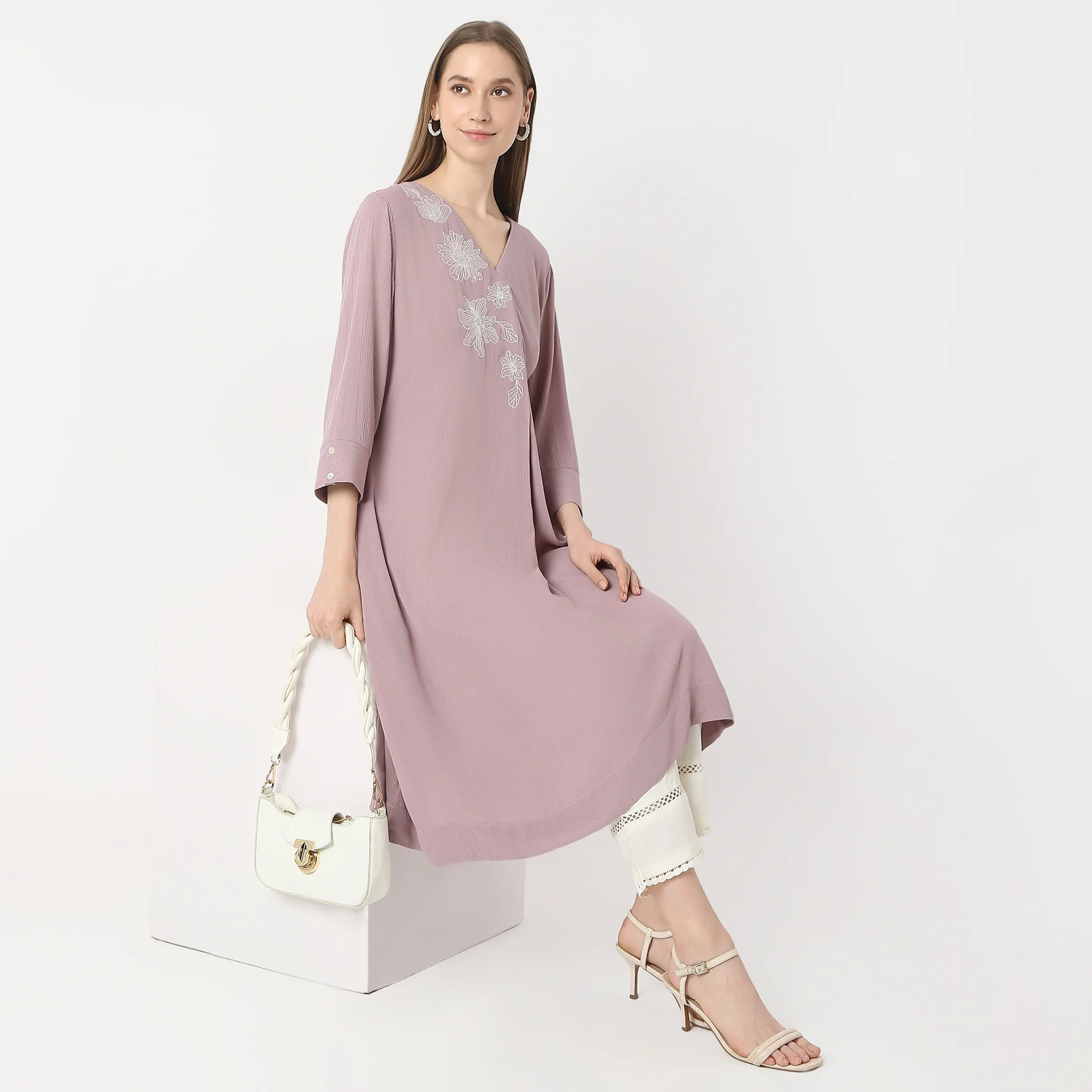 Flare Fit Embroidered Below Knee V-Neck Kurta