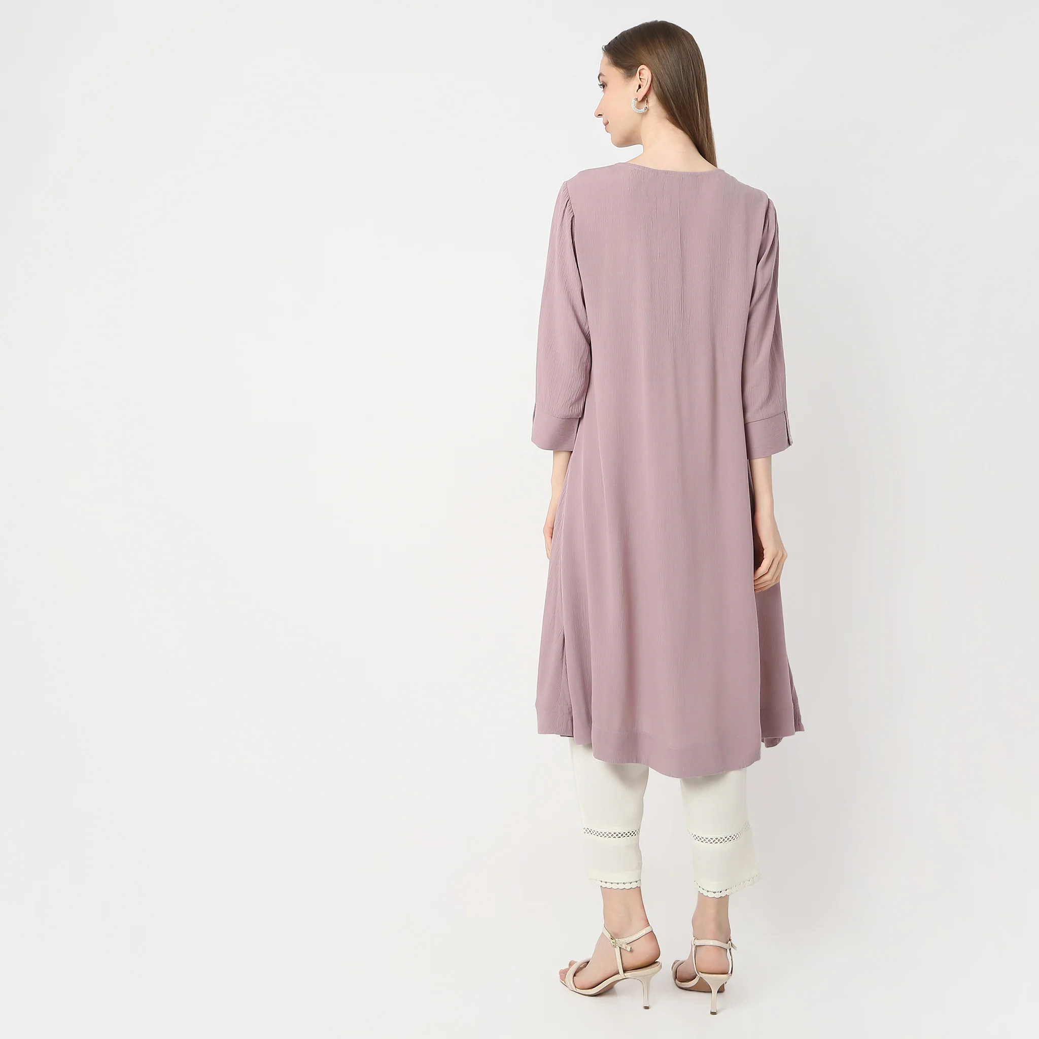 Flare Fit Embroidered Below Knee V-Neck Kurta - Image 3