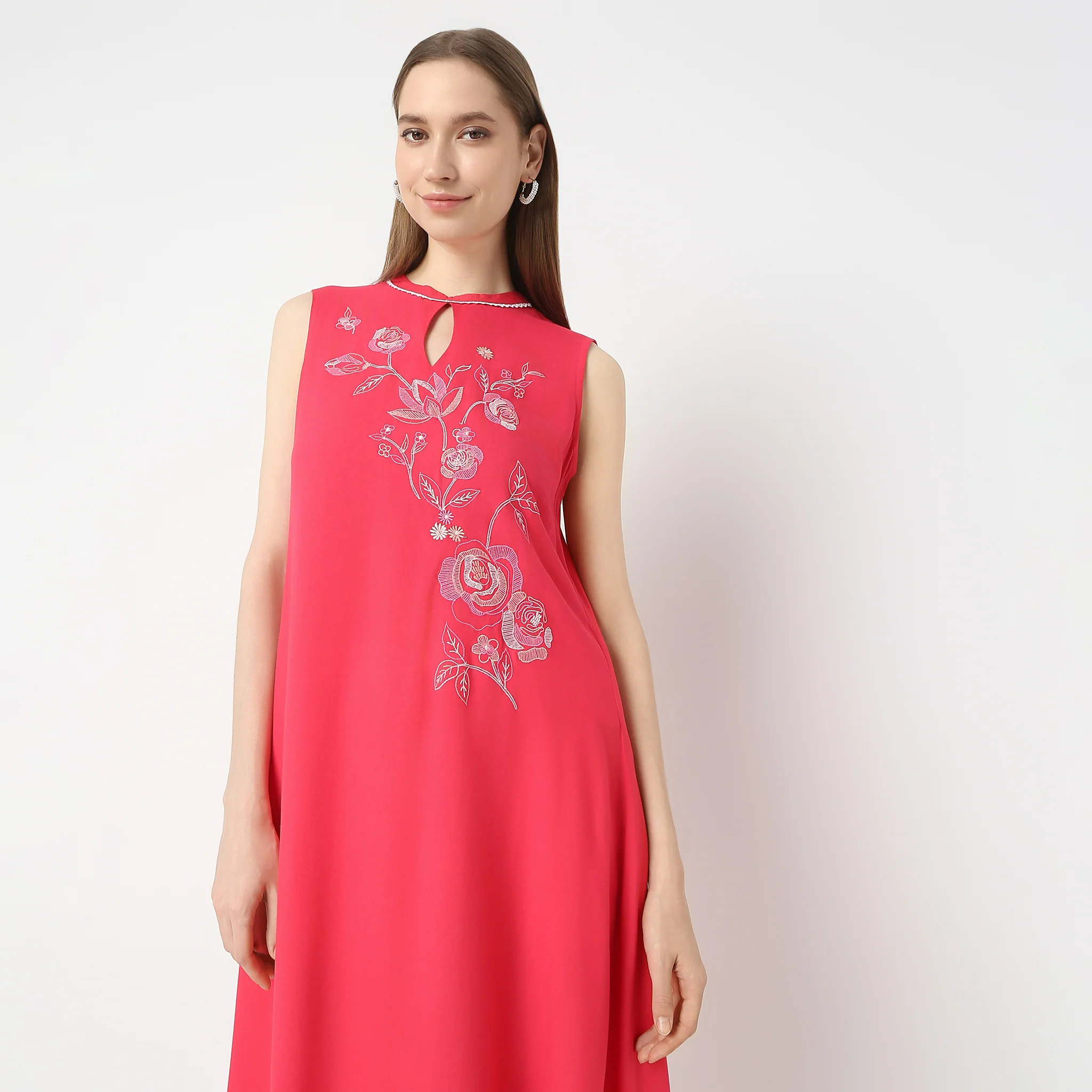 Flare Fit Embroidered Below Knee Keyhole A-Line Sleeveless Kurta