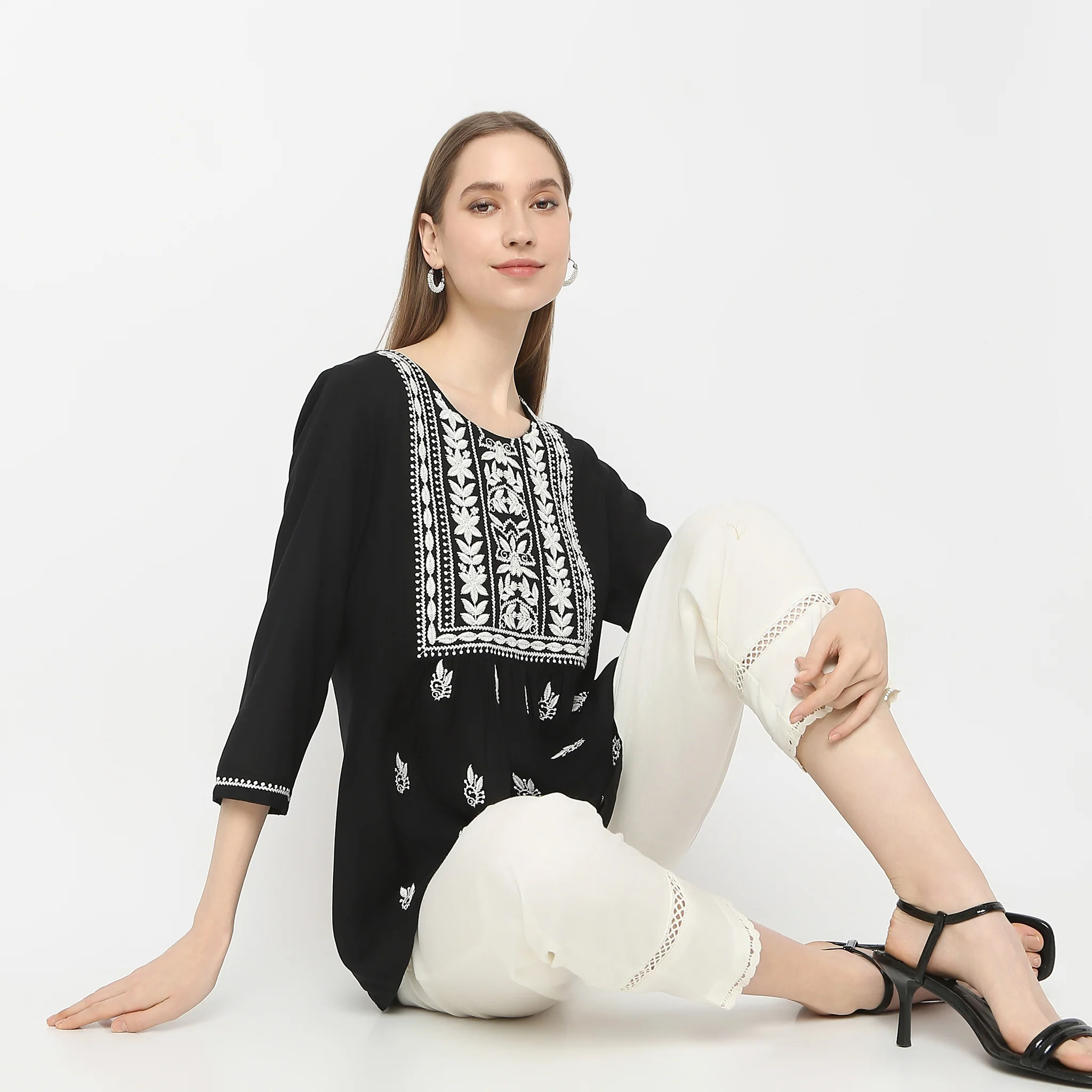 Flare Fit Embroidered Above Knee Short Kurta