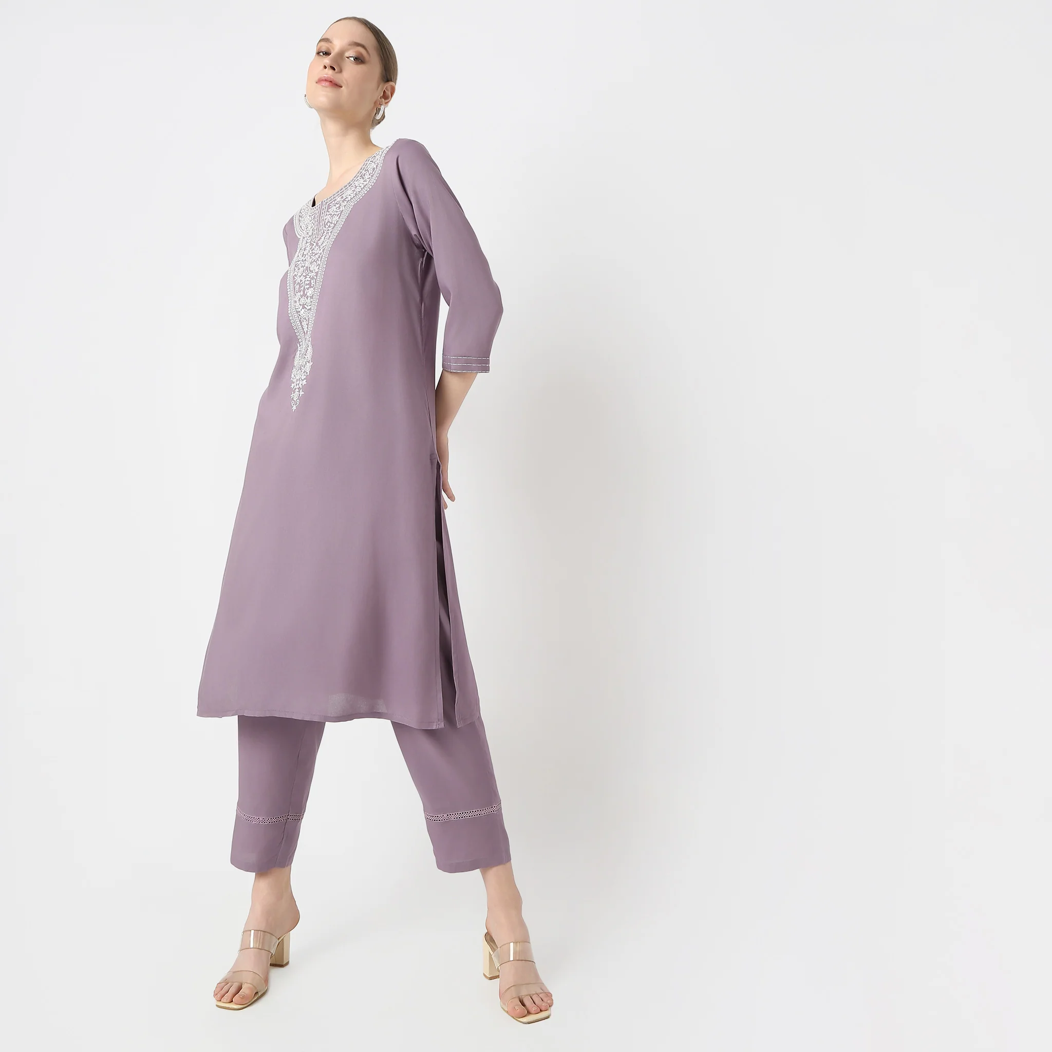 Flare Fit Embroidered Below Knee Straight Kurta