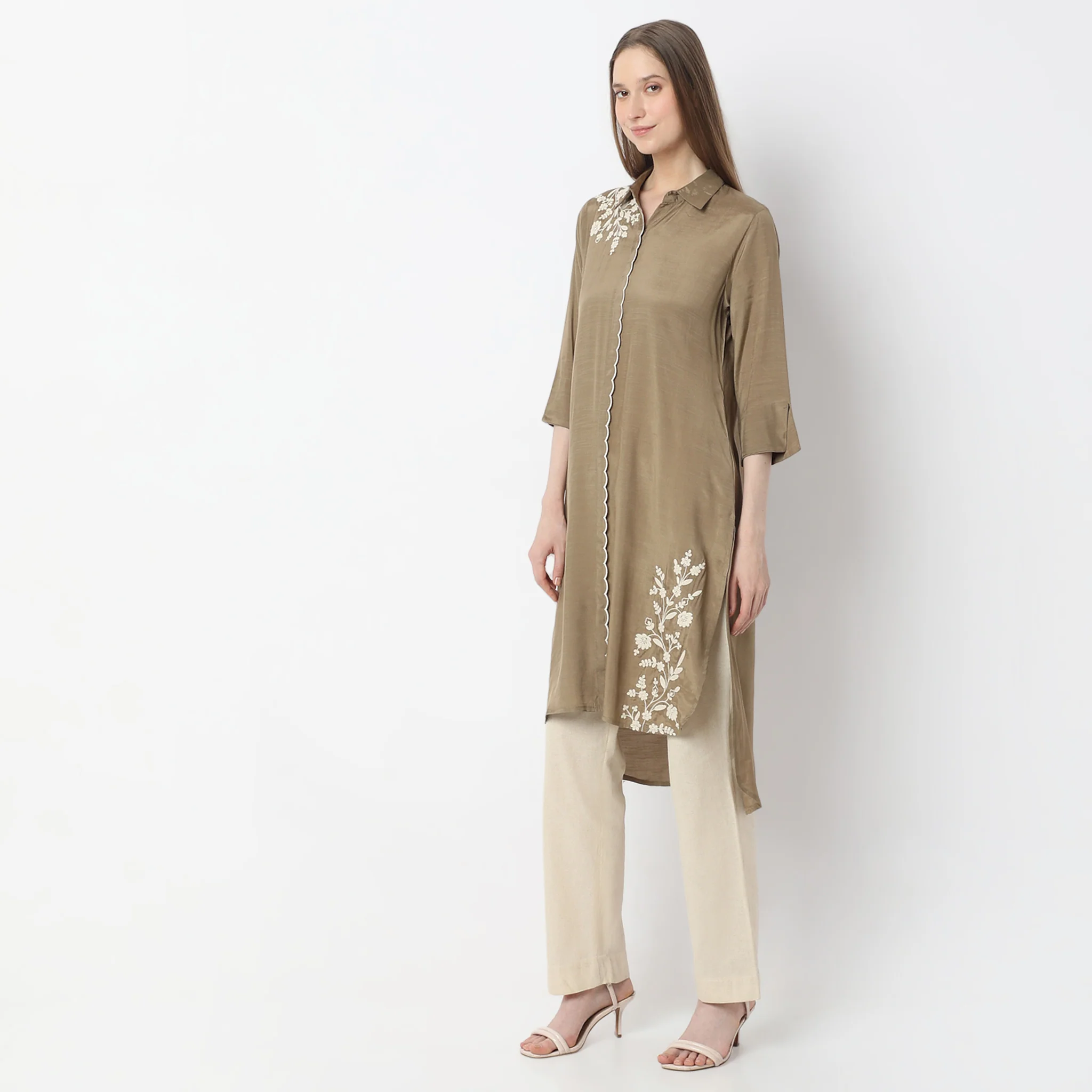 Embroidered Above Knee Flared Workday Staples High-Low Kurta - Image 10