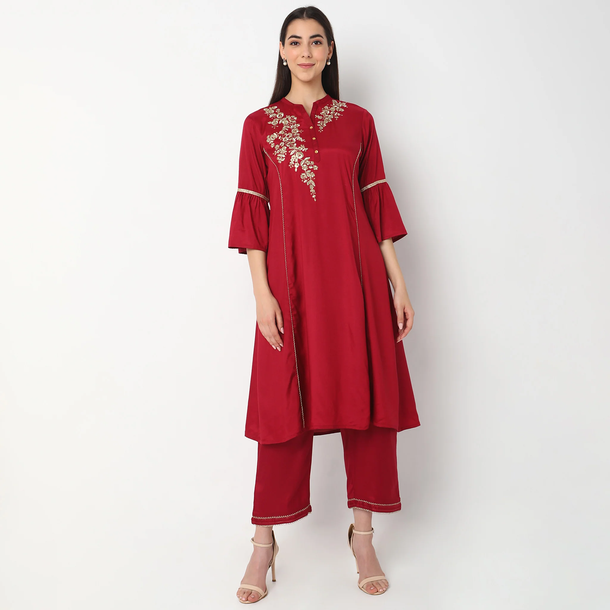 Flare Fit Embroidered Kurta With Palazzo & With Dupatta Set - Image 2