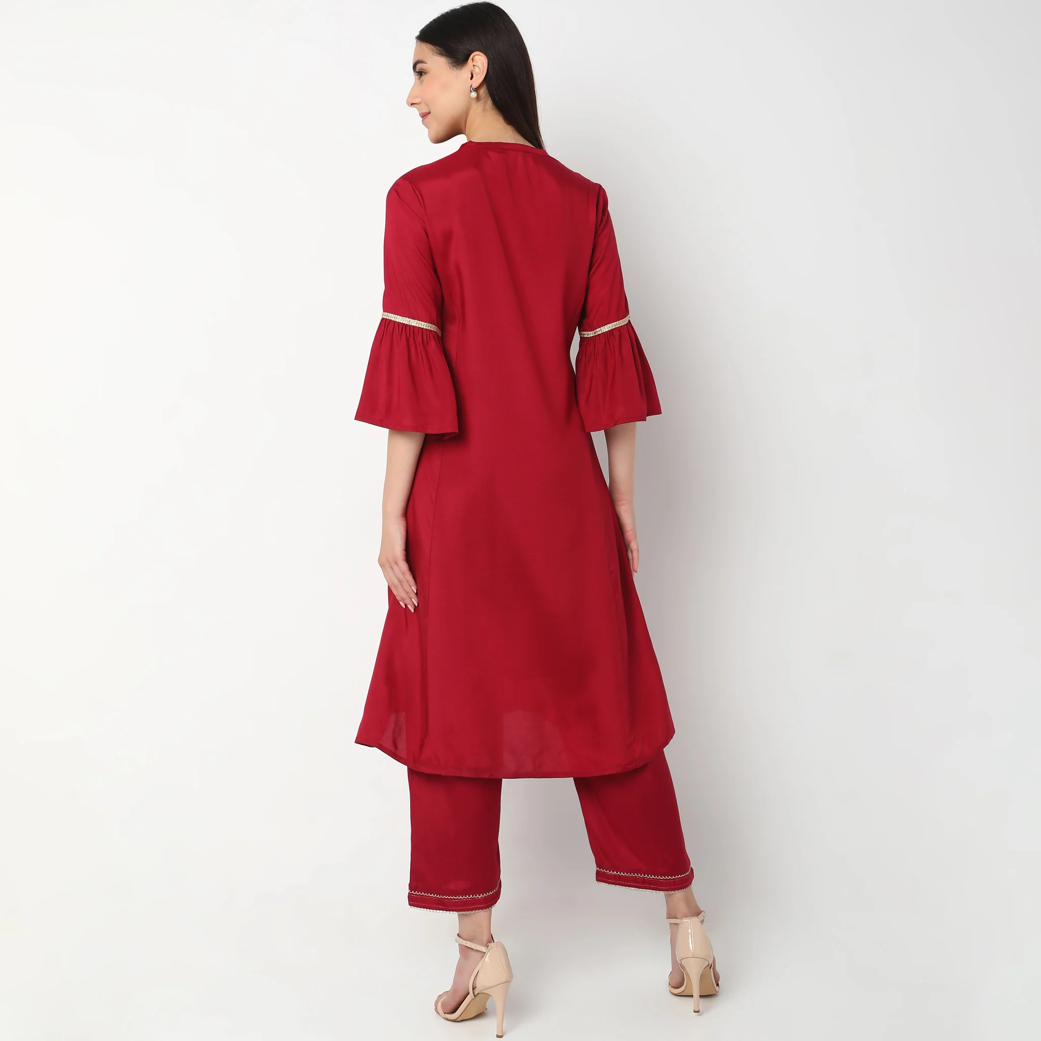 Flare Fit Embroidered Kurta With Palazzo & With Dupatta Set - Image 3