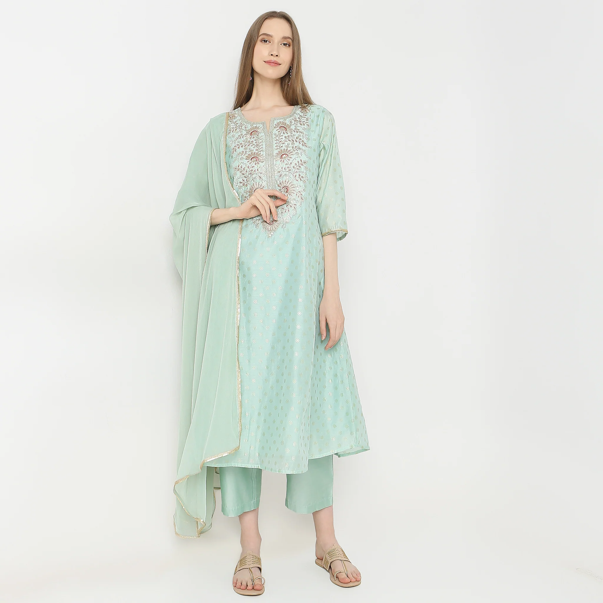 Flare Fit Embroidered Kurta With Pant & With Dupatta Set