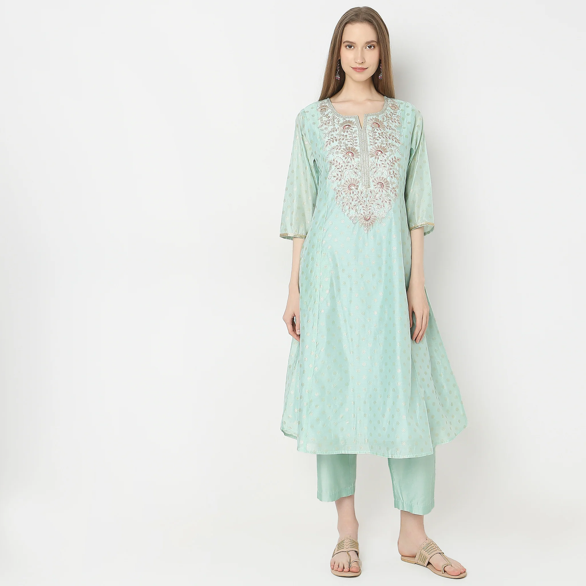 Flare Fit Embroidered Kurta With Pant & With Dupatta Set - Image 2