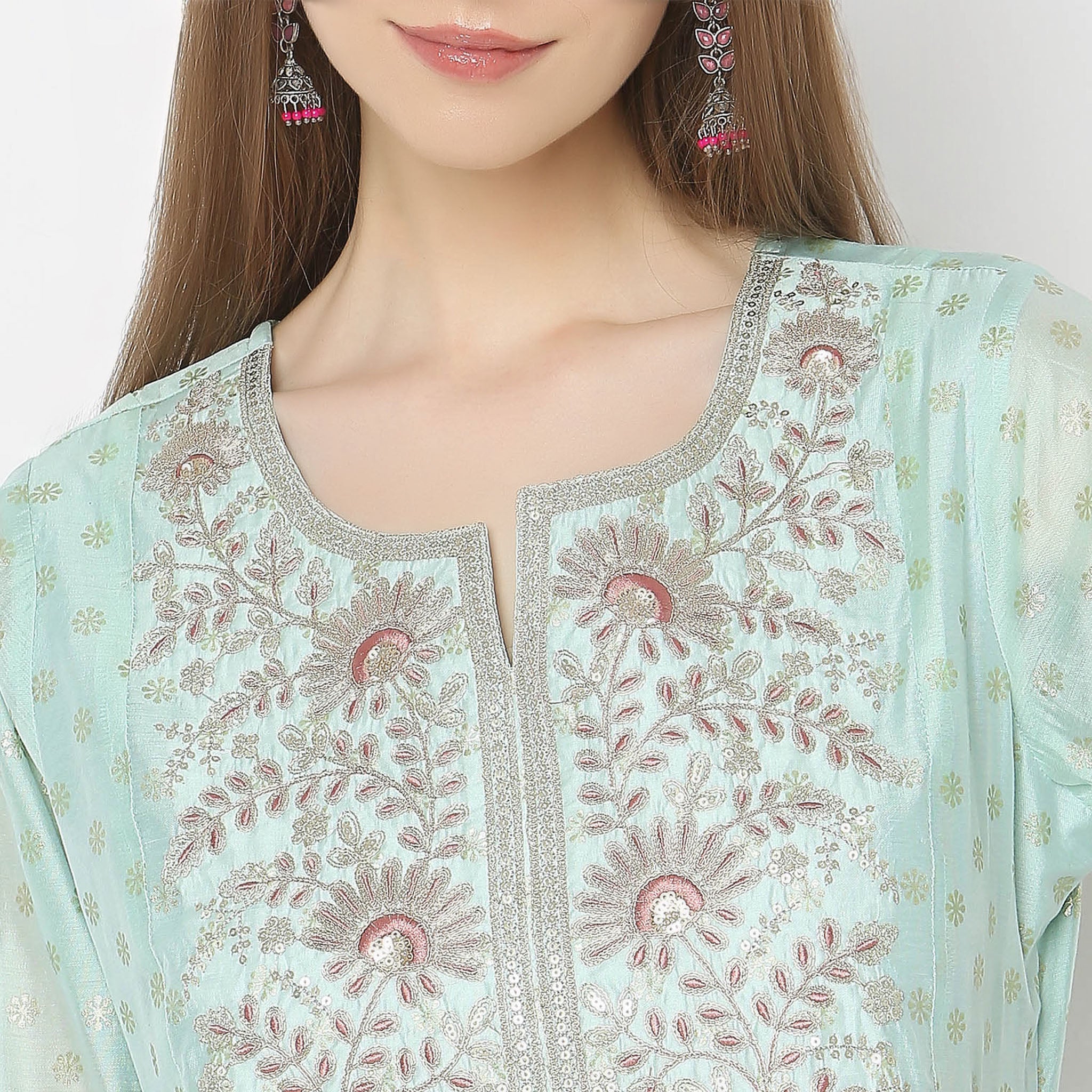 Flare Fit Embroidered Kurta With Pant & With Dupatta Set - Image 4