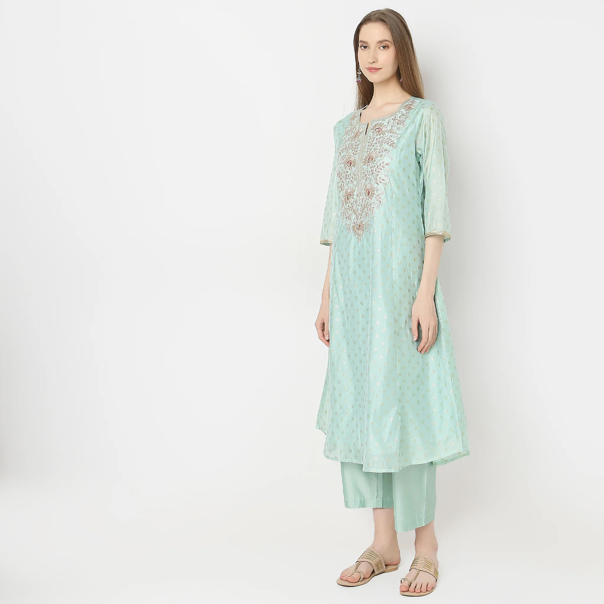 Flare Fit Embroidered Kurta With Pant & With Dupatta Set - Image 5