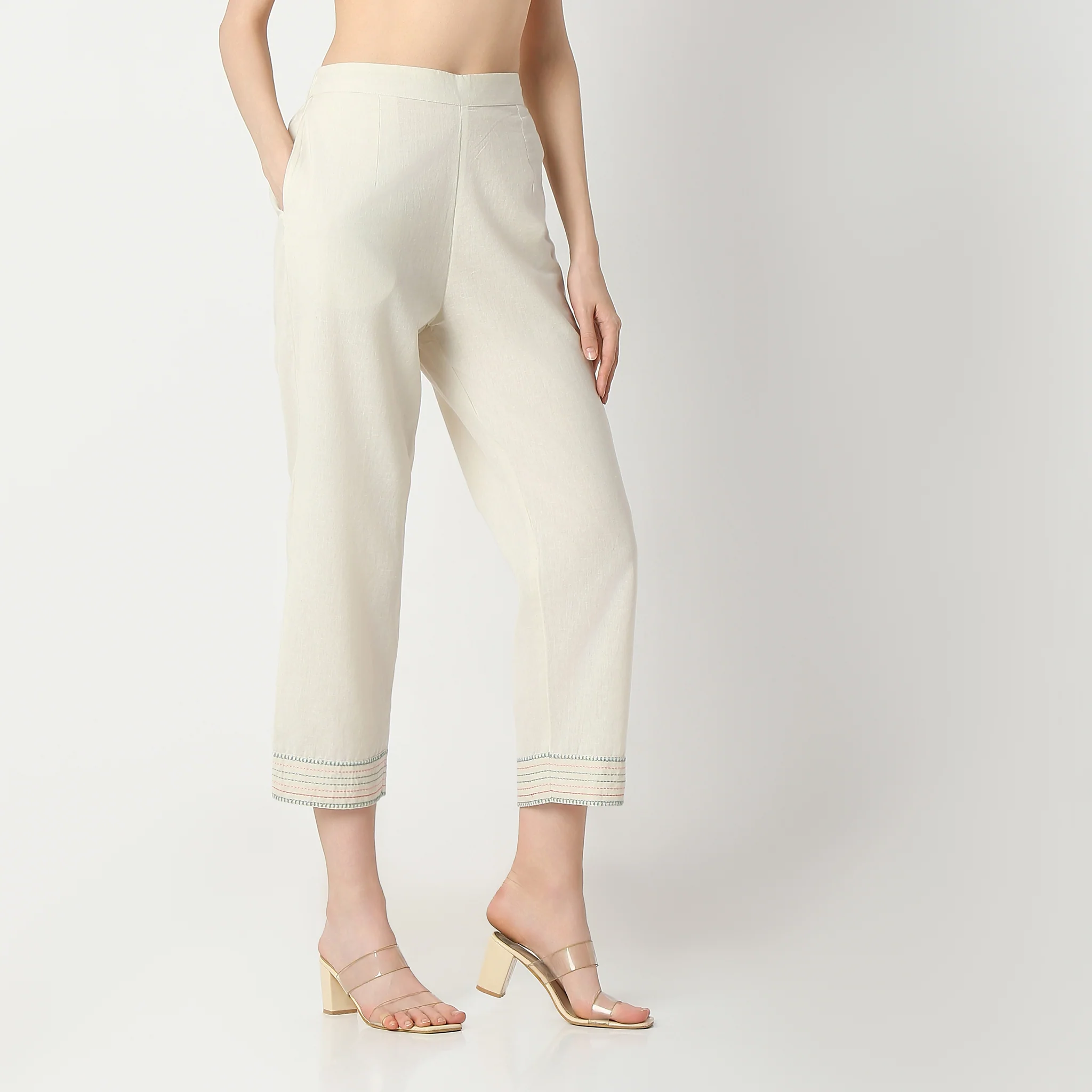 Flare Fit Embroidered Calf Length Mid Rise Pants - Image 5