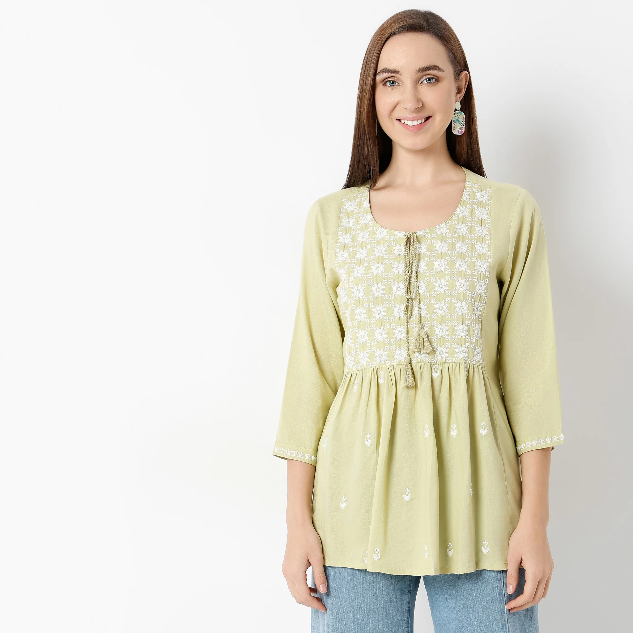 Above Knee Flare Fit Embroidered Short Kurta - Image 2