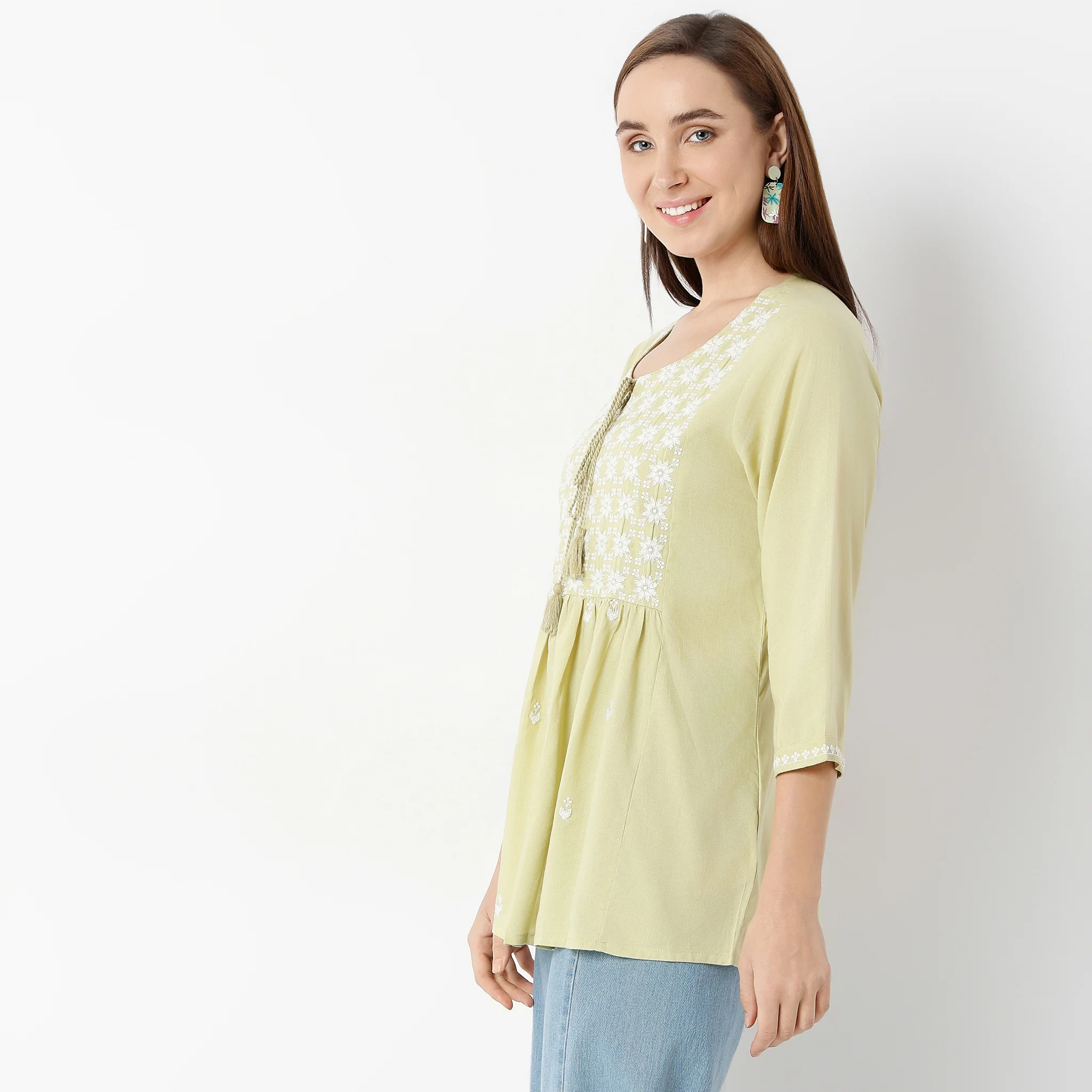 Above Knee Flare Fit Embroidered Short Kurta - Image 5