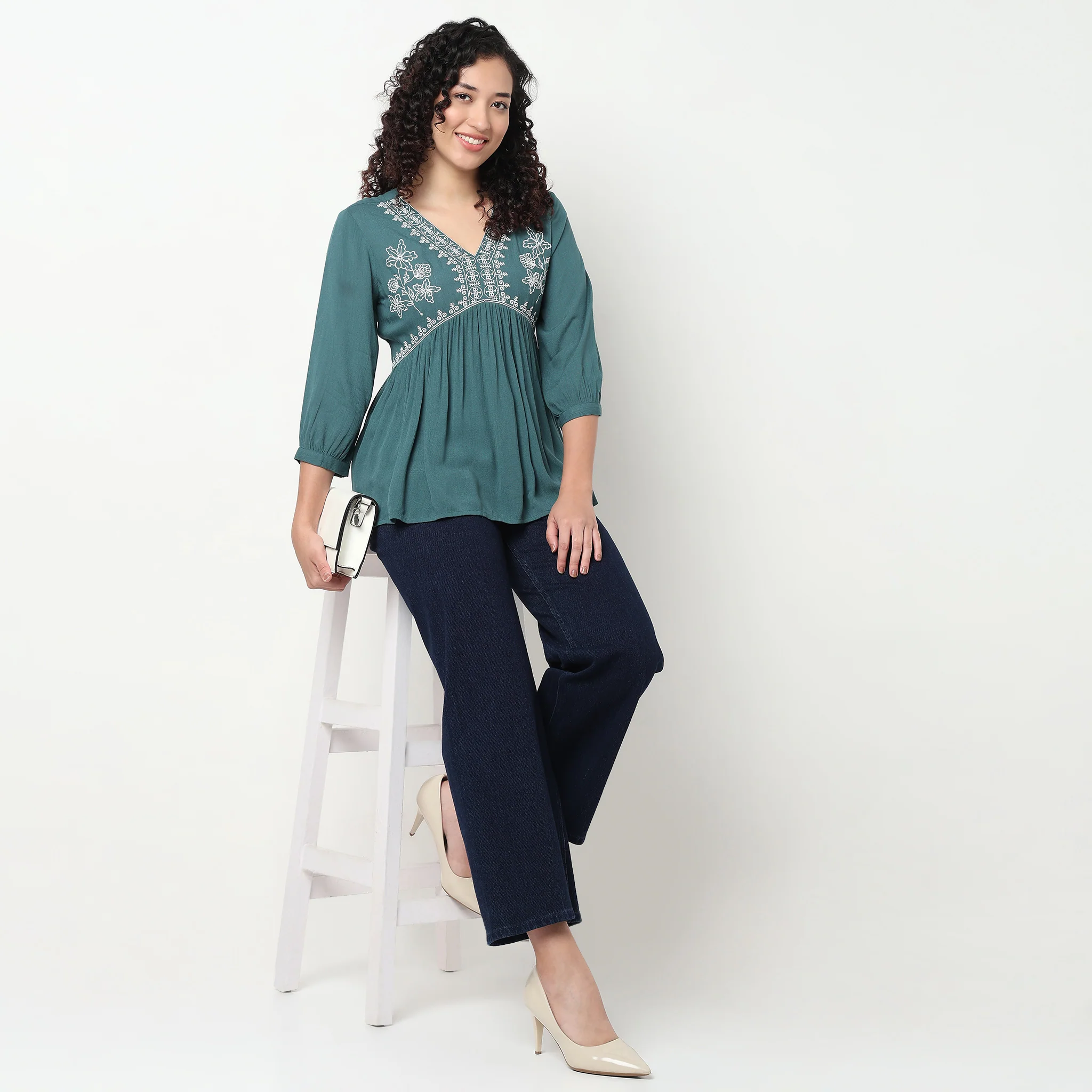 Alia Cut Embroidered Top With Gathered Sleeve - Image 6