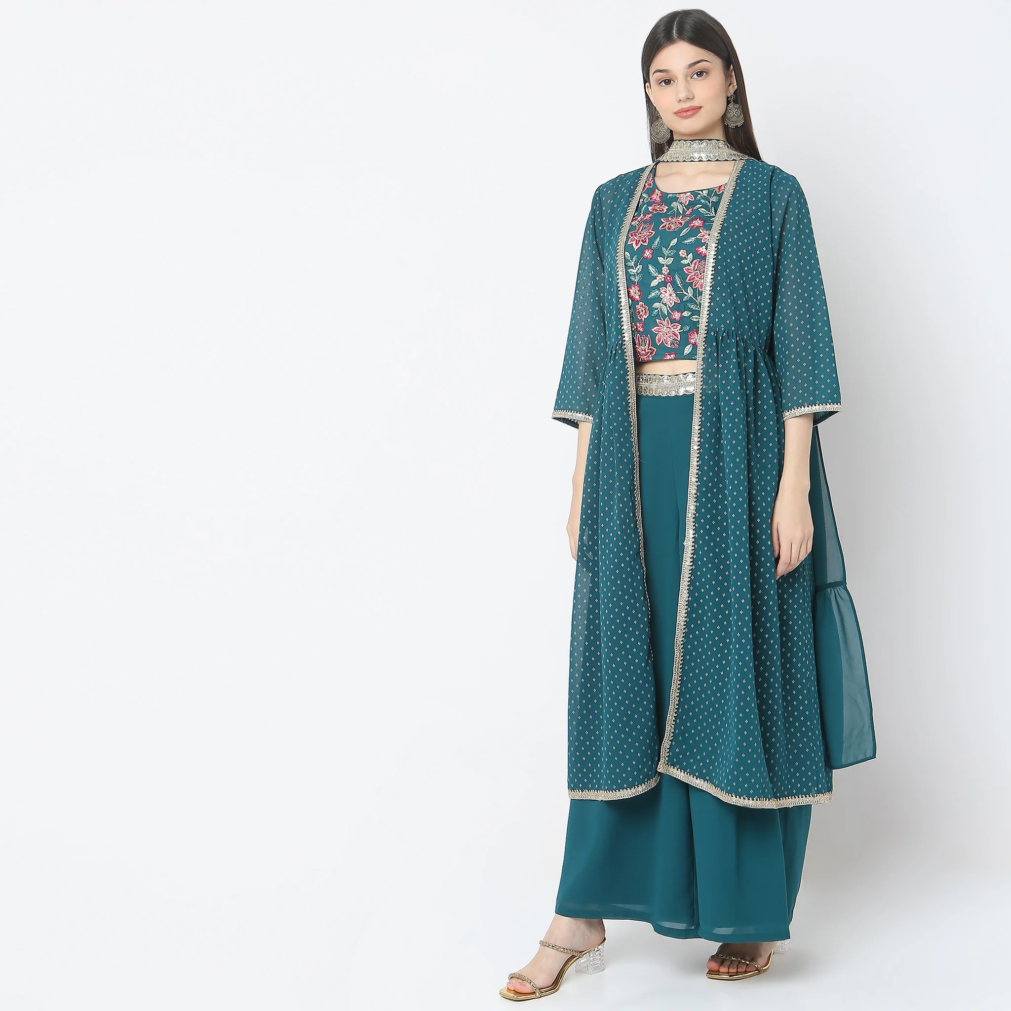 Flare Fit Embroidered Top With Palazzo & Shrug Co-Ords