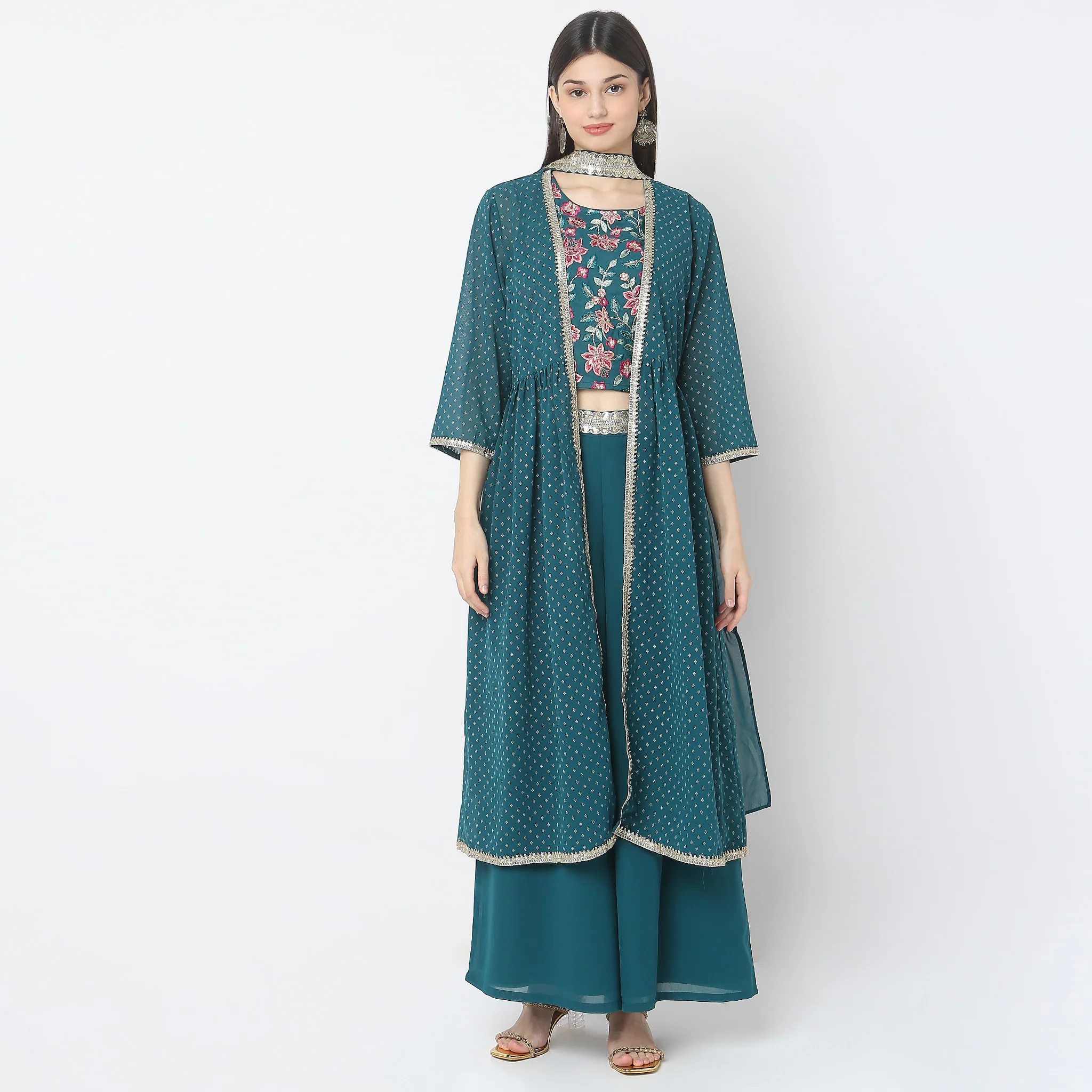 Flare Fit Embroidered Top With Palazzo & Shrug Co-Ords - Image 2