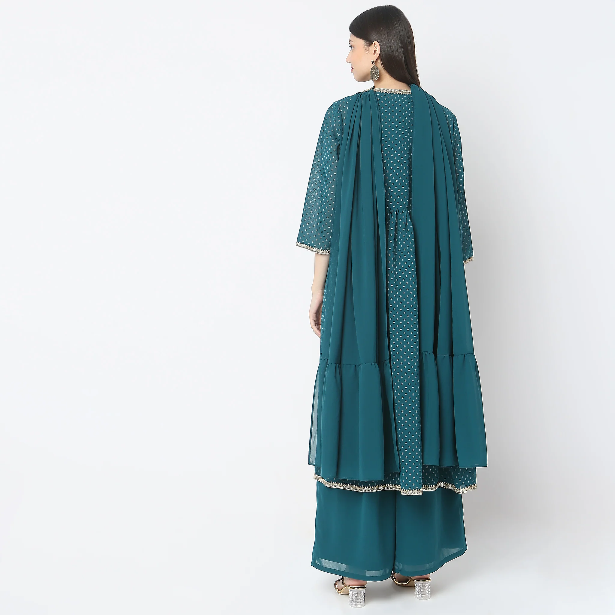 Flare Fit Embroidered Top With Palazzo & Shrug Co-Ords - Image 3