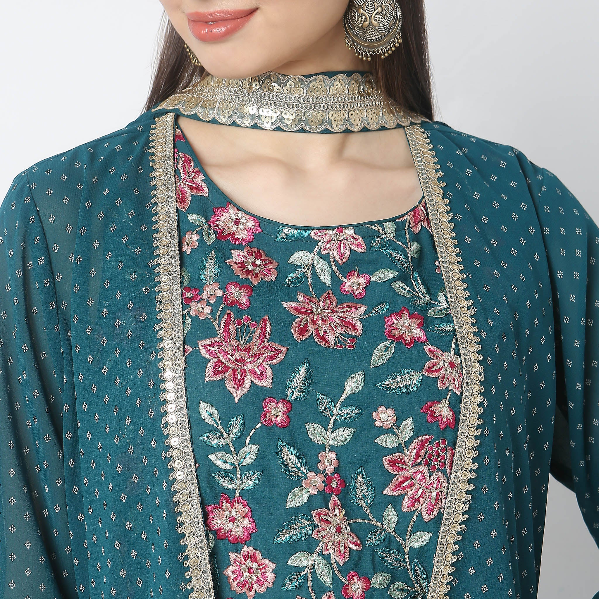 Flare Fit Embroidered Top With Palazzo & Shrug Co-Ords - Image 4