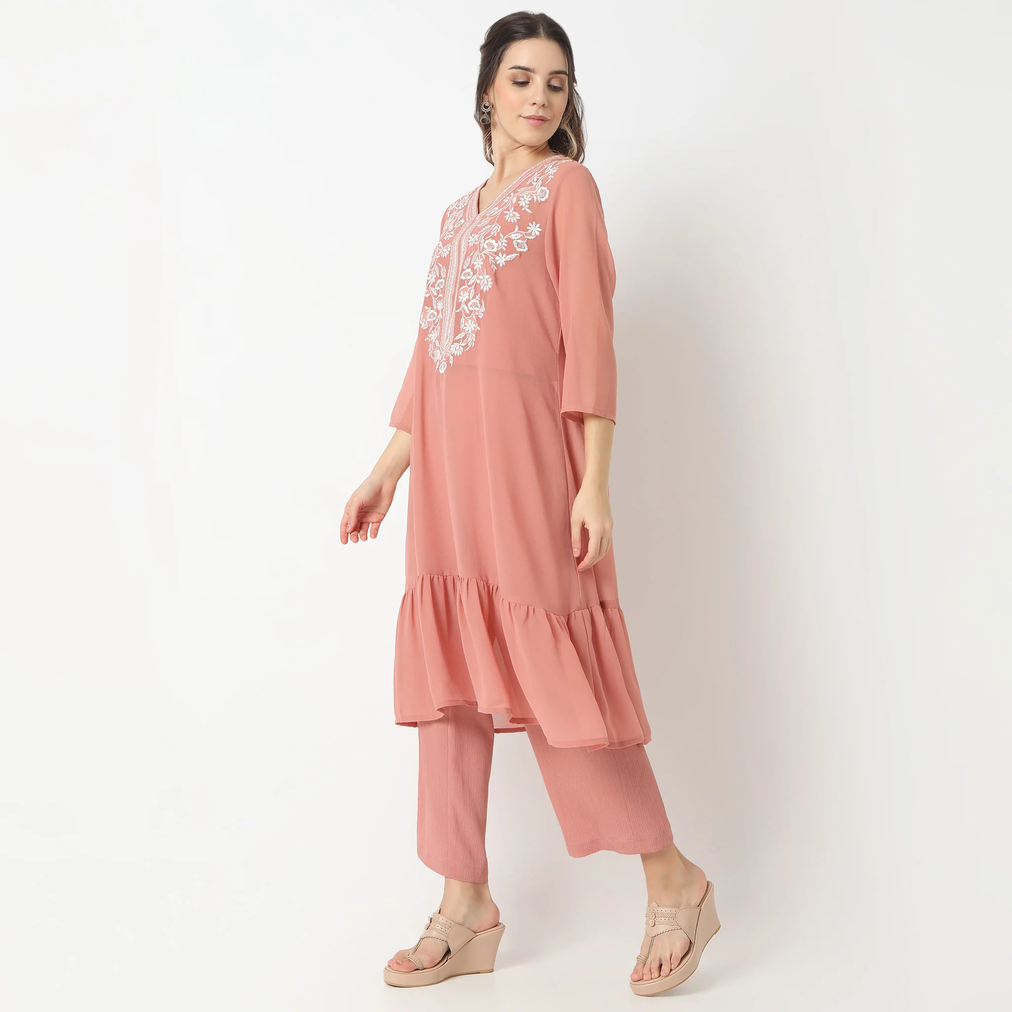 Flare Fit Embroidered V-Neck Slip And Kurta With Pant Set - Image 4
