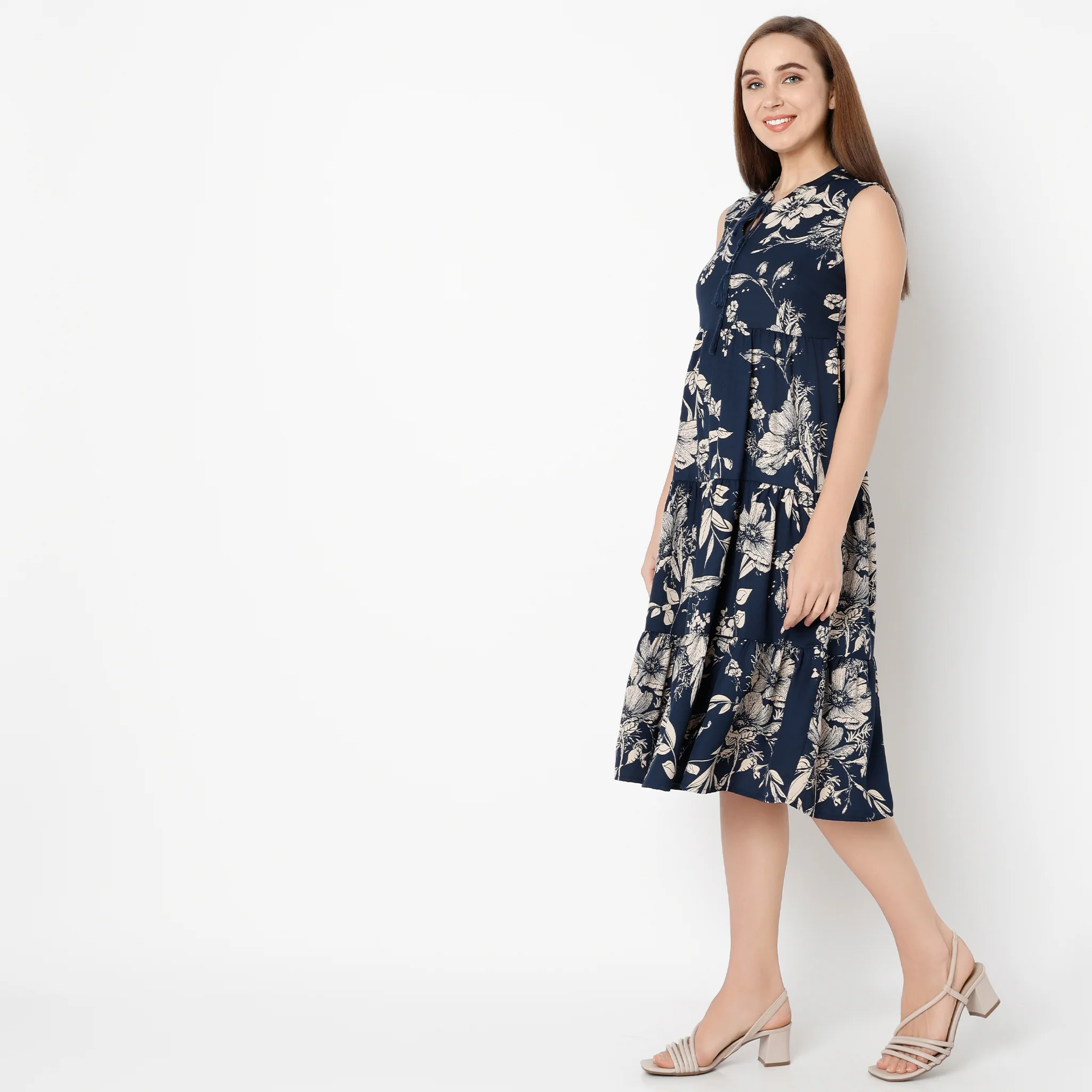 Band Neck Calf Length Flare Fit Floral Printed Strap Dress - Image 10