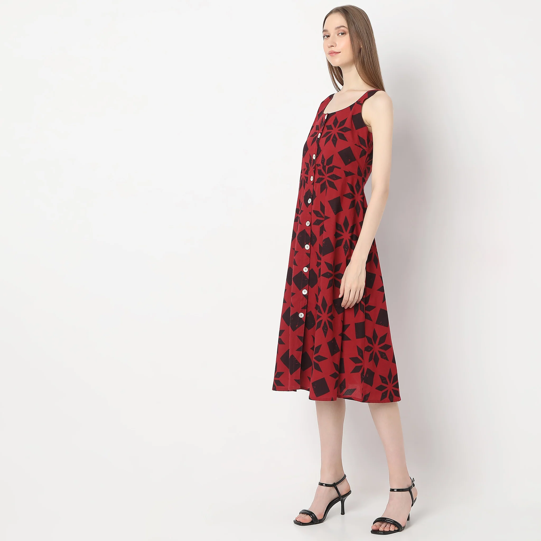 Flare Fit Floral Print Below Knee Shoulder Straps Dress - Image 5